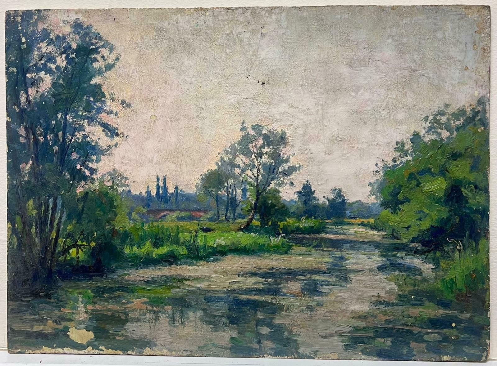 Charles Martin Sauvaigofine Antique French Impressionist Signed Oil Painting River Through Meadows photo furniture