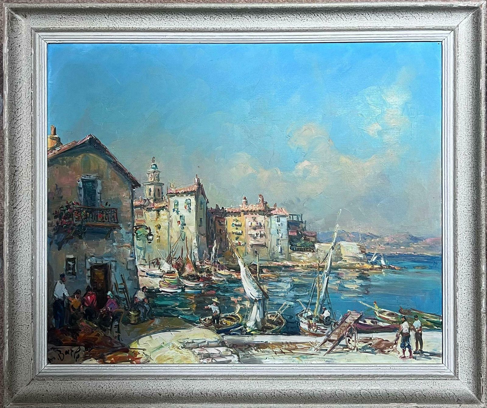 French Schoolst Tropez Harbour Fishermen Tending Nets & Catch Signed Mid 20th Century Oil
