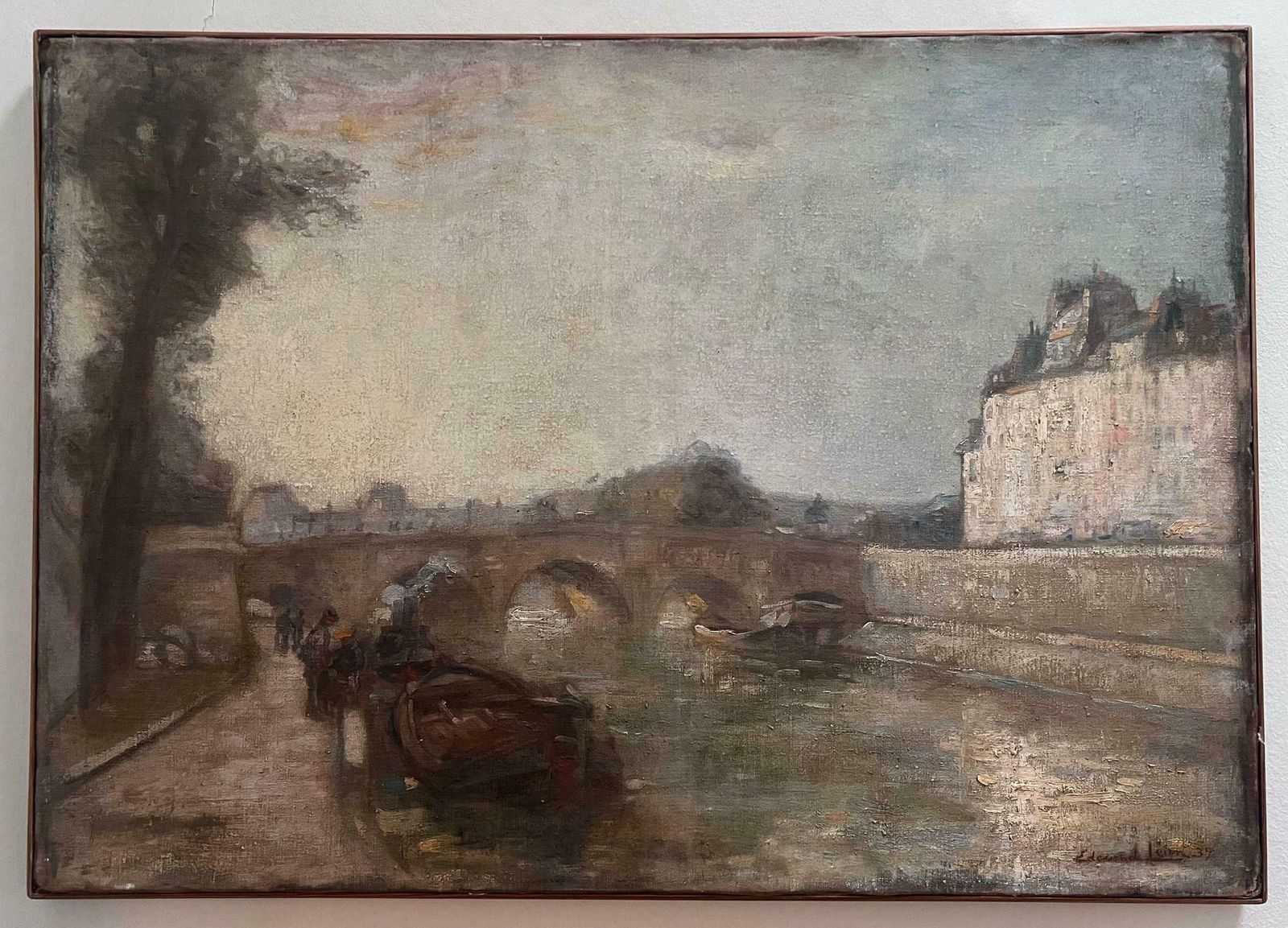 Edouard Henri Leonfine 1930's French Impressionist Signed Oil Le Pont Neuf River Seine Paris1939 photo furniture
