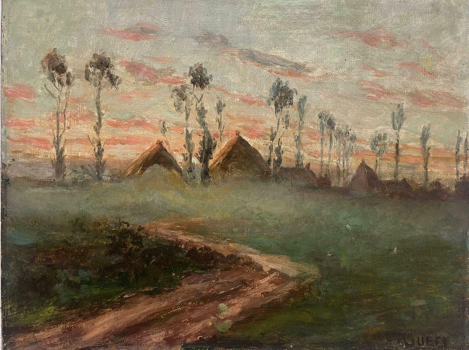 French Impressionistantique French Impressionist Signed Oil Painting Haystacks At Sunset In Field