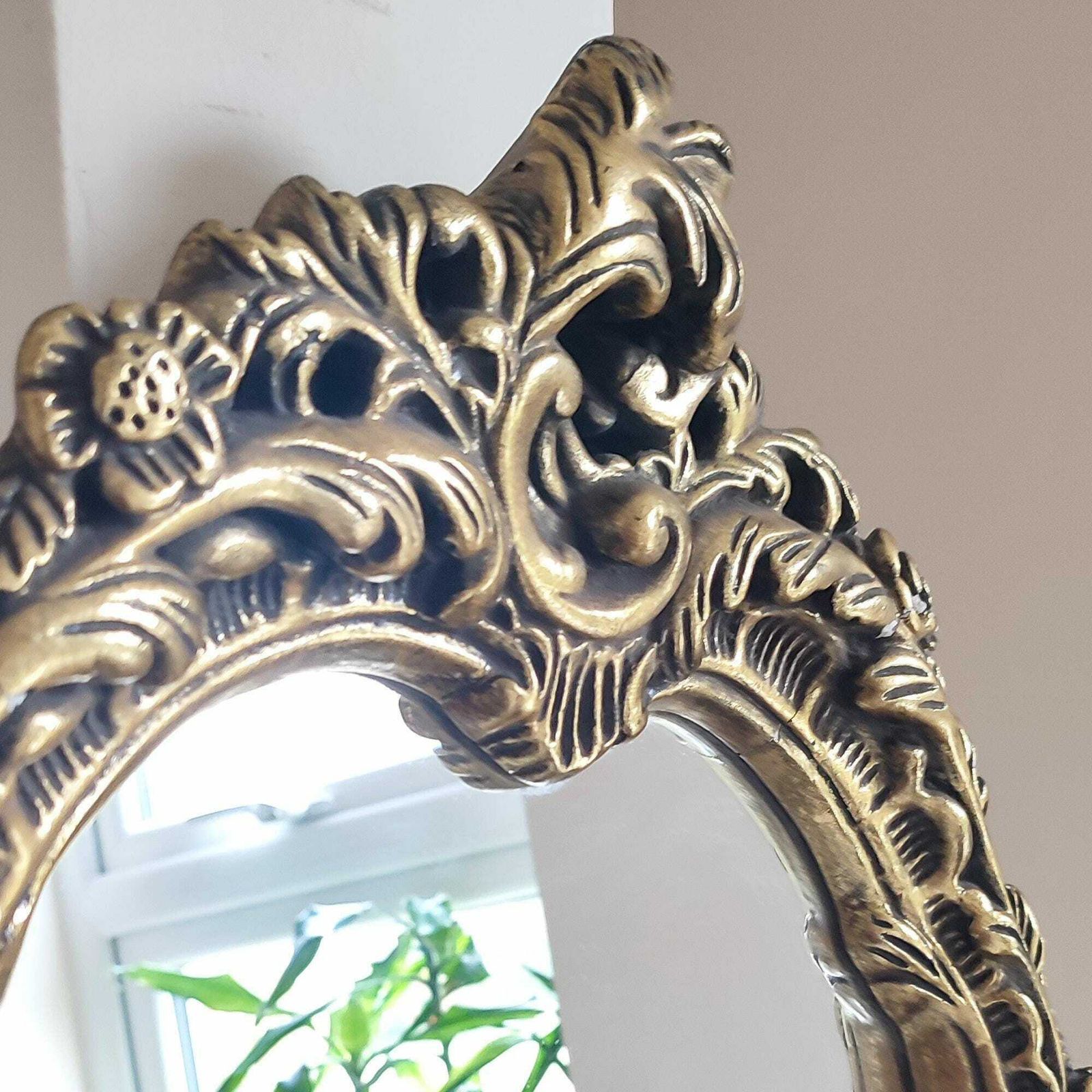 19th Century Ornate Gold Gilt Plaster Wall Mirror Rococo Baroque Oval Floral & Foliage Decorated Gold Frame Old Hollywood Regency 24 X 17.5" photo Home Decor
