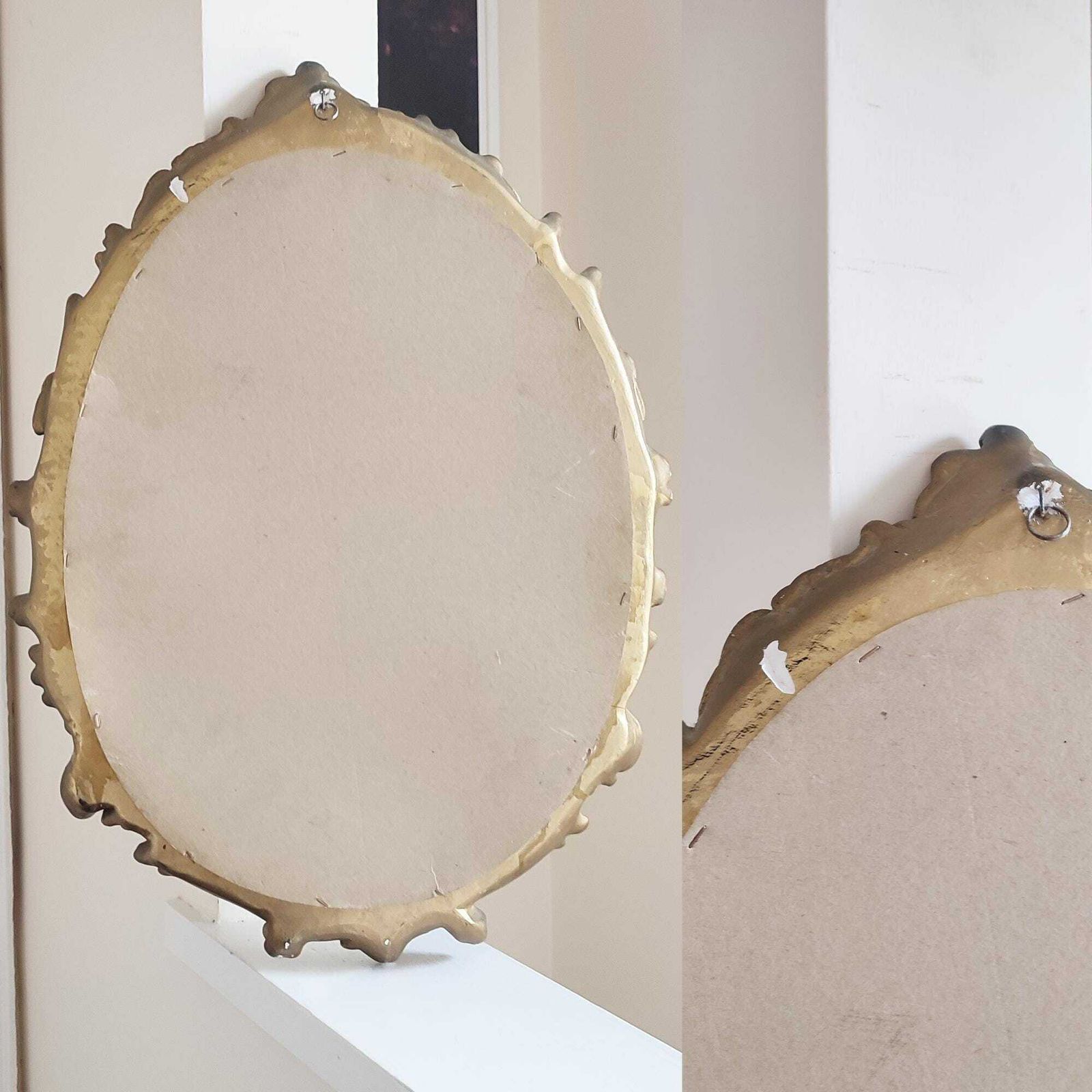 photo for sale 19th Century Ornate Gold Gilt Plaster Wall Mirror Rococo Baroque Oval Floral & Foliage Decorated Gold Frame Old Hollywood Regency 24 X 17.5"
