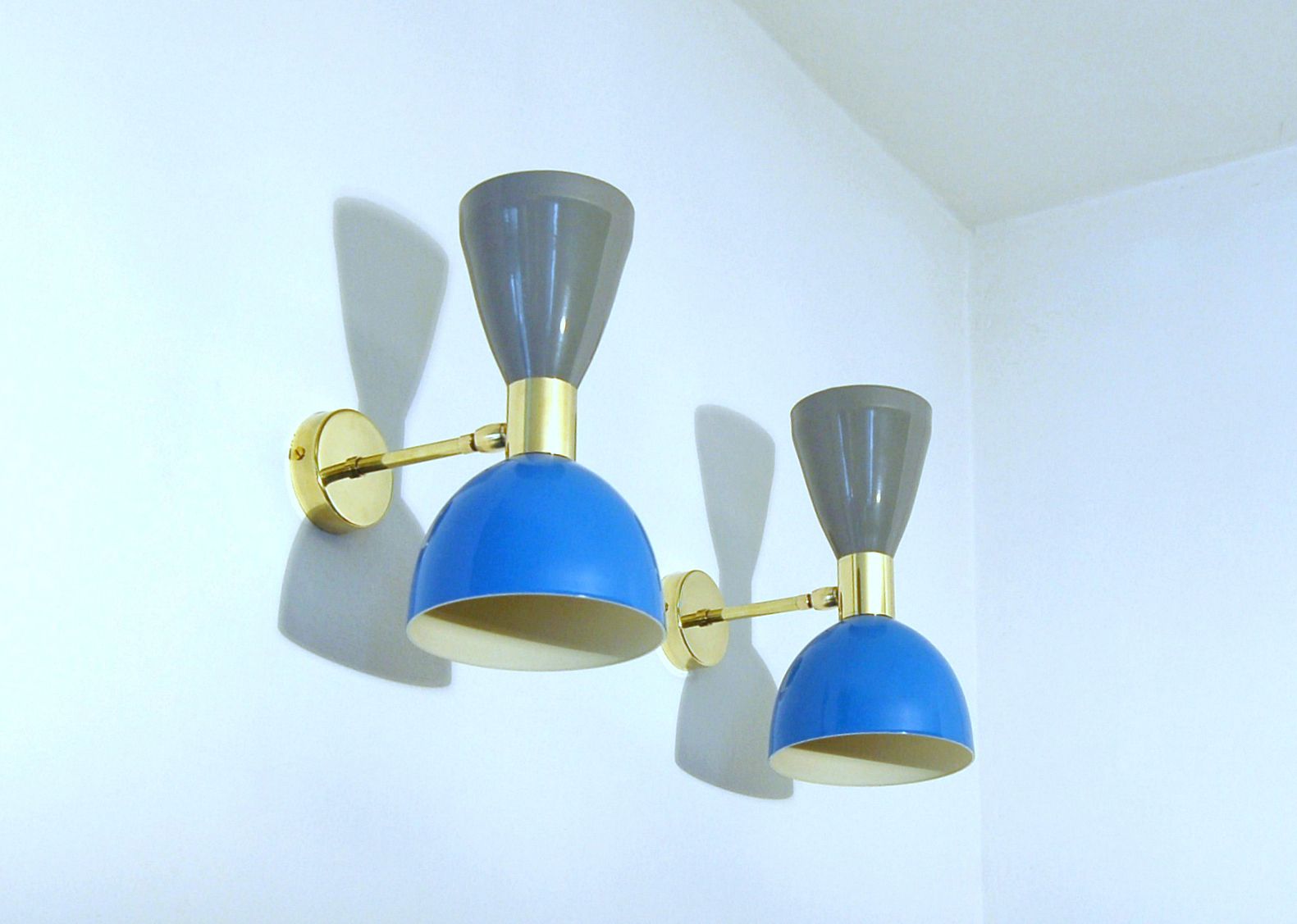 Pair Of Wall Lamp Metal And Brass / Light Blue And Gray Color / Stilnovo Style '50 photo Lighting