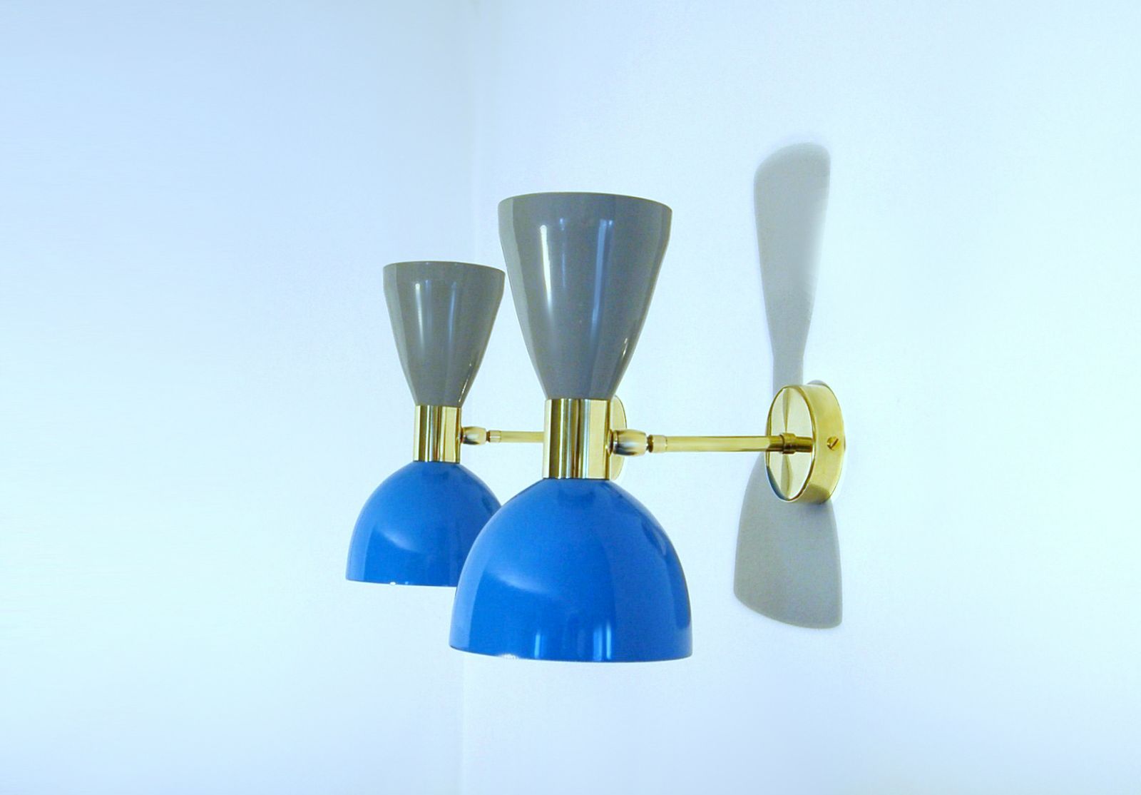 Pair Of Wall Lamp Metal And Brass / Light Blue And Gray Color / Stilnovo Style '50 photo vinterior