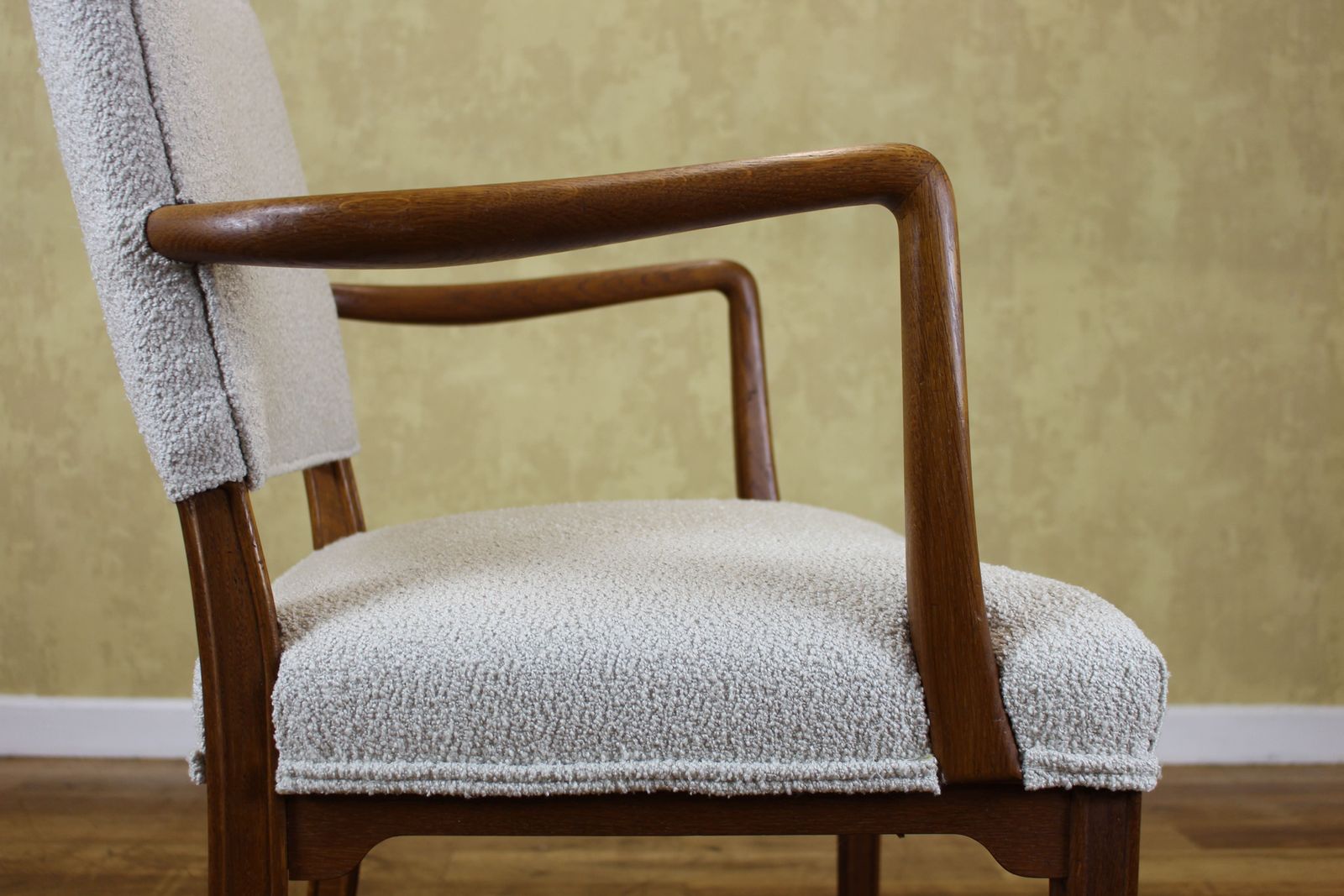 Danish Small Oak Armchair Upholstered In New Boucle photo vinterior