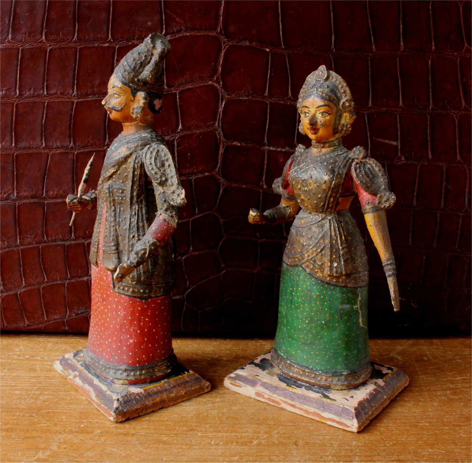 photo buy Pair Indian King & Queen Figures. 19th Century India Folk Art Statues.