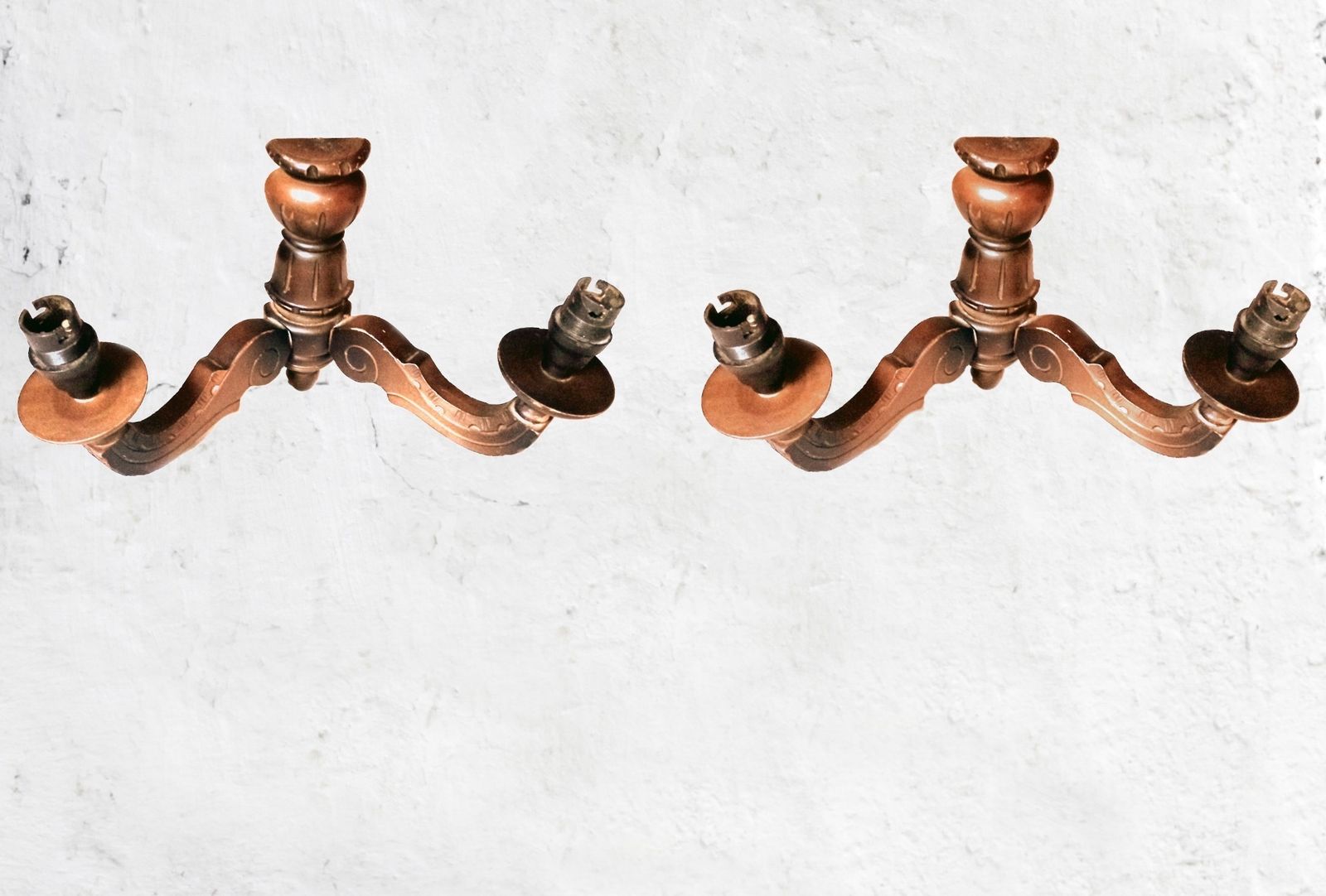 Vintage French Carved Ornate Twin Branch Wooden Wall Light (Pair)
