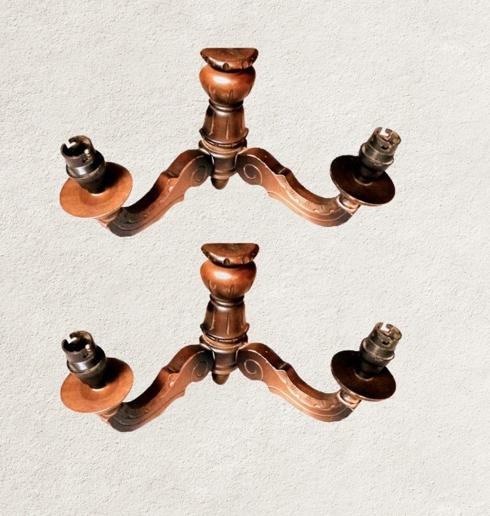 Vintage French Carved Ornate Twin Branch Wooden Wall Light (Pair) photo Lighting