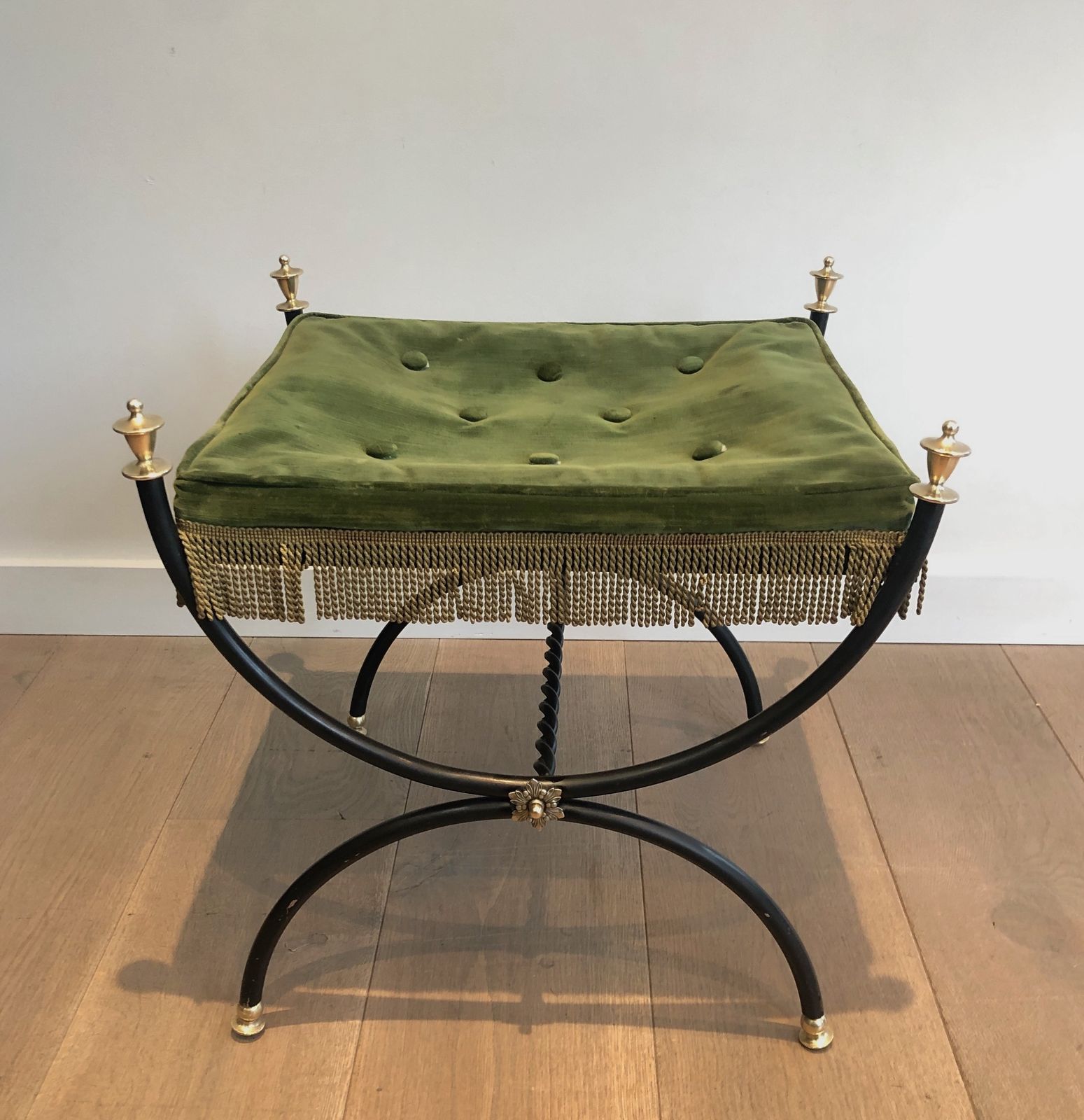 Neoclassical Style Stool In Black Lacquered Metal, Brass And Velvet photo furniture
