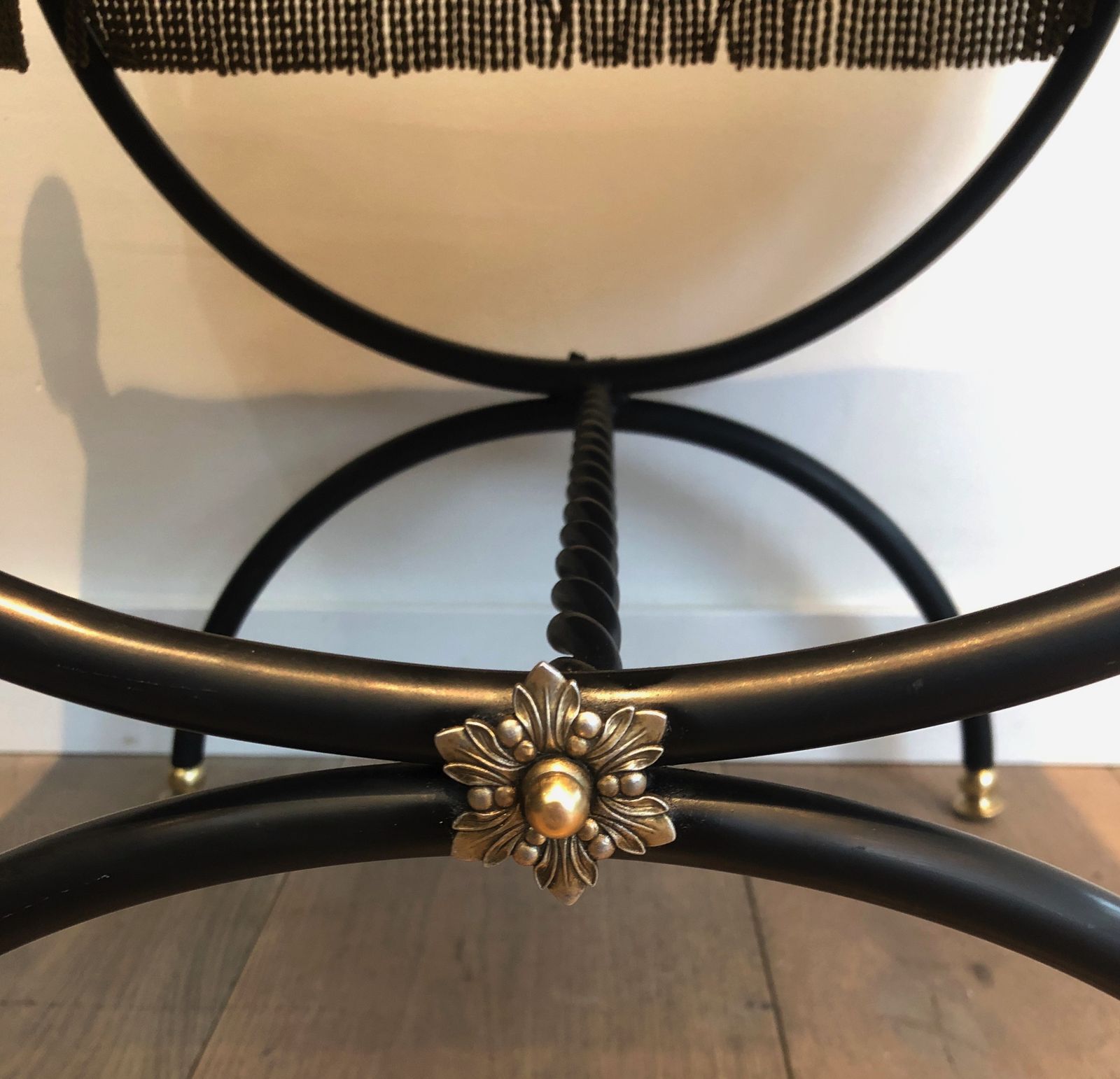 photo for sale Neoclassical Style Stool In Black Lacquered Metal, Brass And Velvet