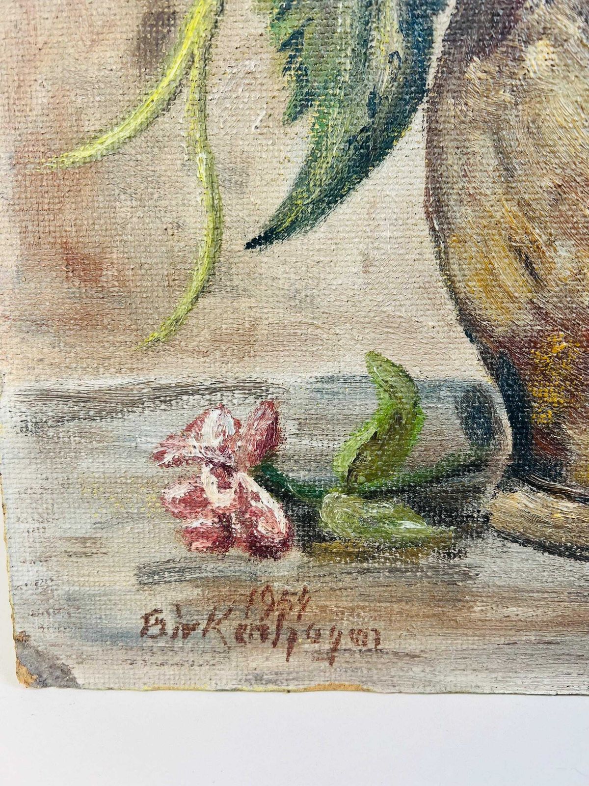 Vintage 1954 Swiss Gothic Floral Oil Painting On Board   Dark Sunflowers & Wildflowers Still Life photo Art