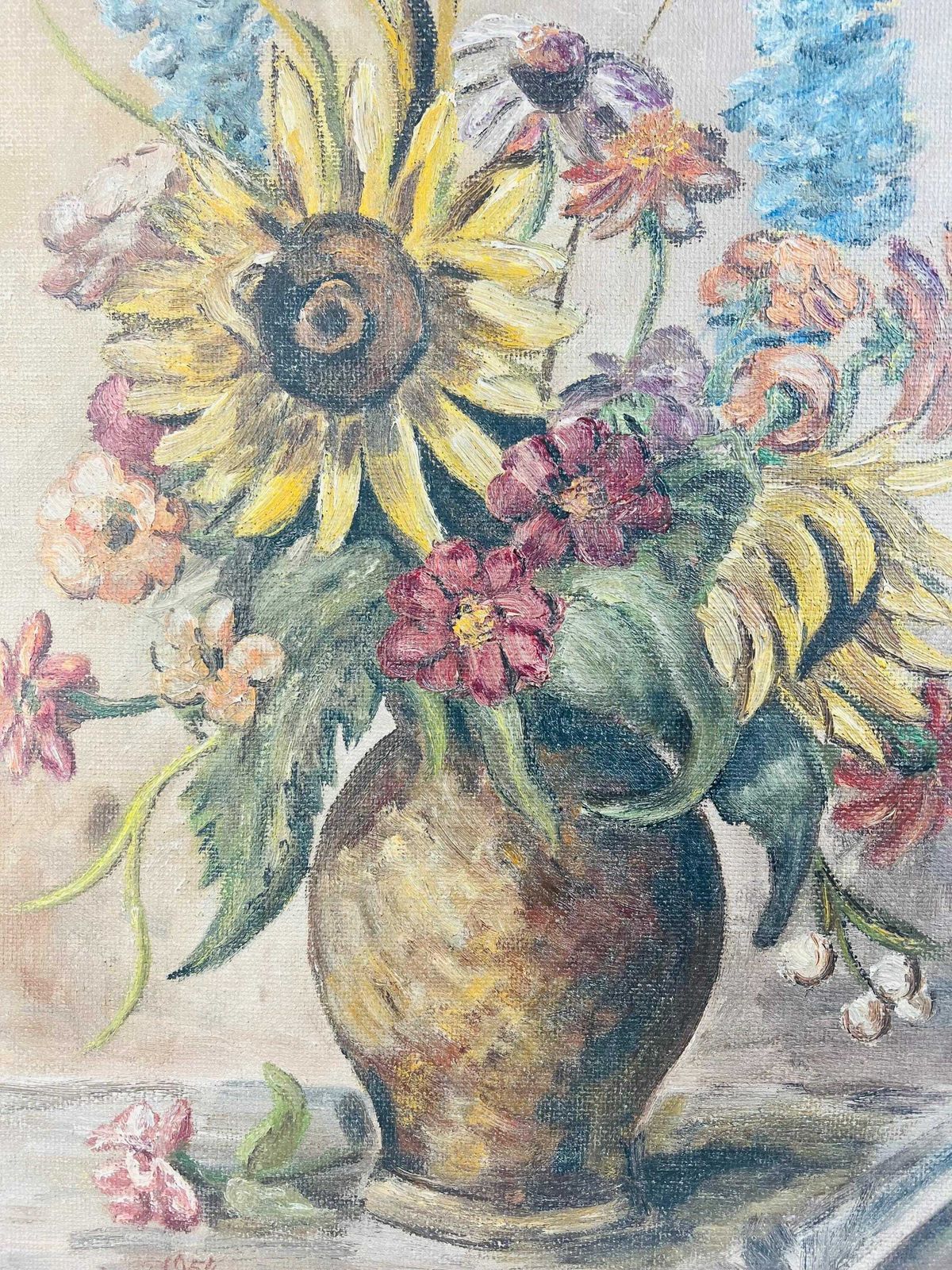 Vintage 1954 Swiss Gothic Floral Oil Painting On Board   Dark Sunflowers & Wildflowers Still Life