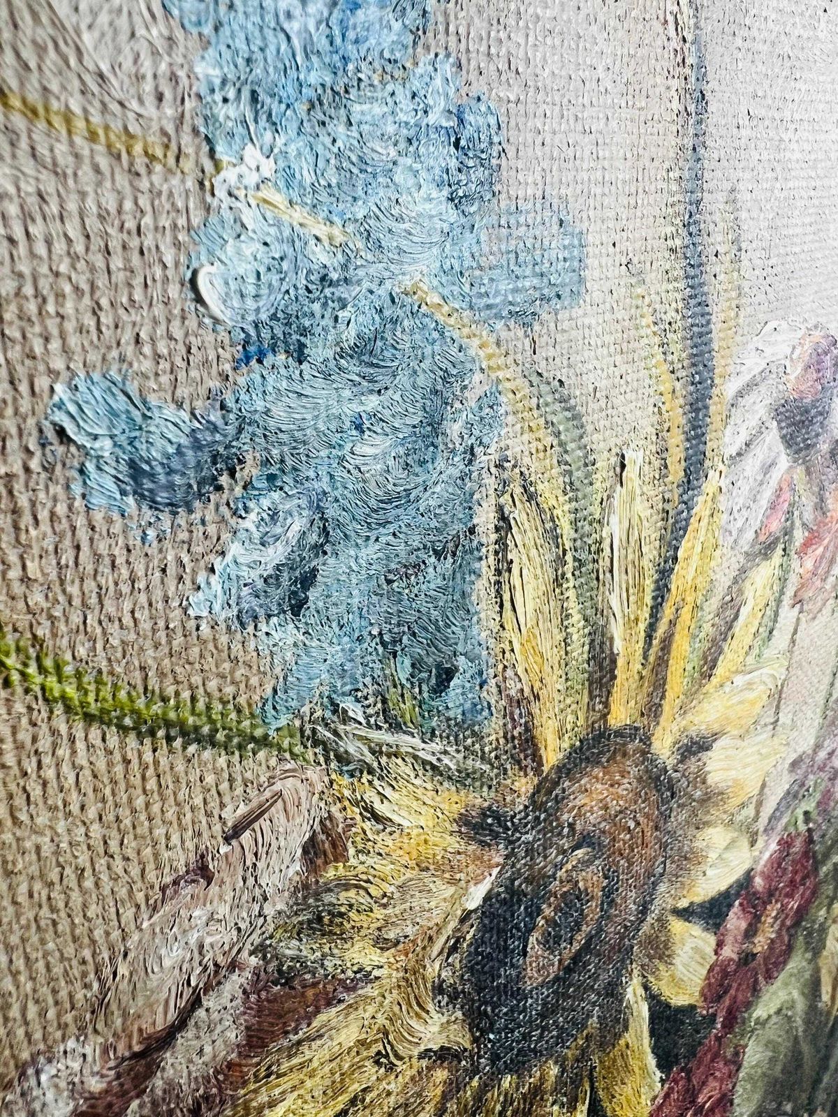 Vintage 1954 Swiss Gothic Floral Oil Painting On Board   Dark Sunflowers & Wildflowers Still Life photo 196.0