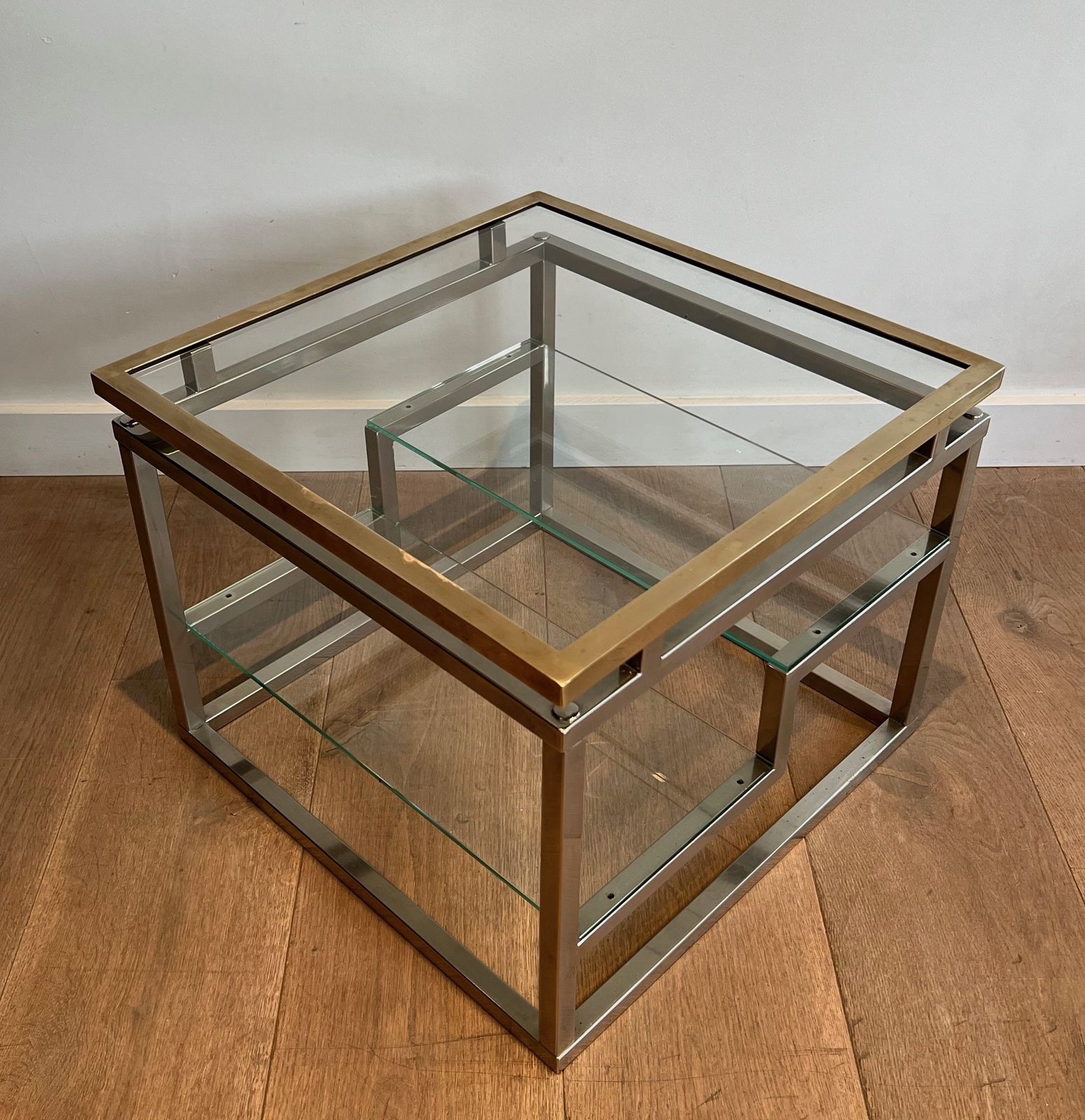 Pair Of Designer Side Tables In Chrome, Brass And Glass Tops photo vinterior