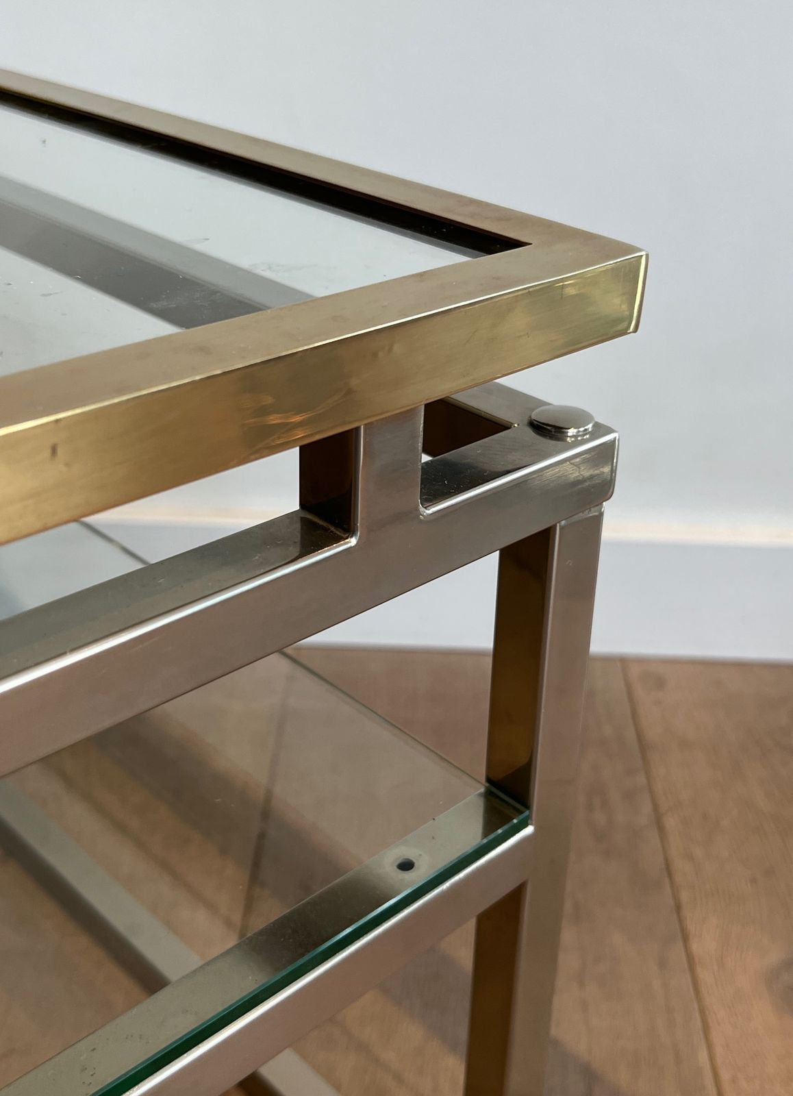 photo furniture Pair Of Designer Side Tables In Chrome, Brass And Glass Tops
