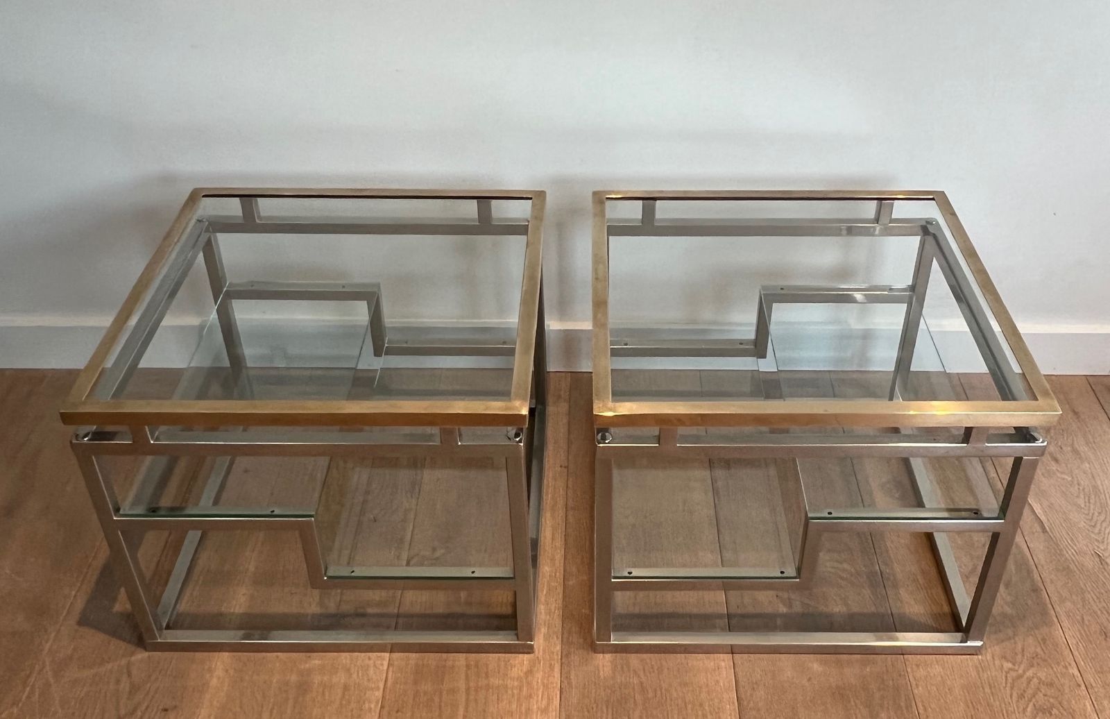 2650.0 Pair Of Designer Side Tables In Chrome, Brass And Glass Tops photo