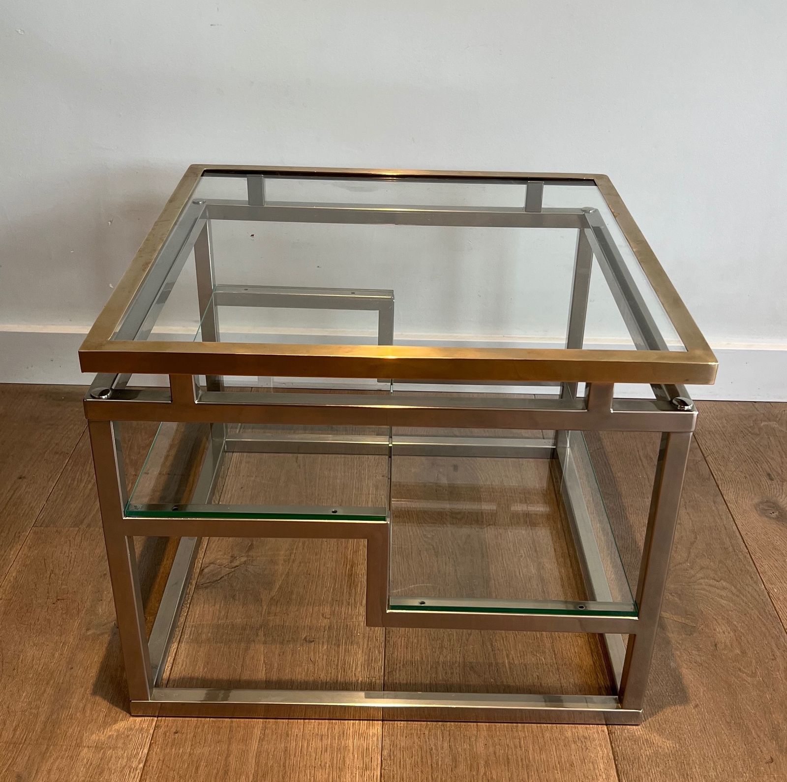 photo vintage Pair Of Designer Side Tables In Chrome, Brass And Glass Tops
