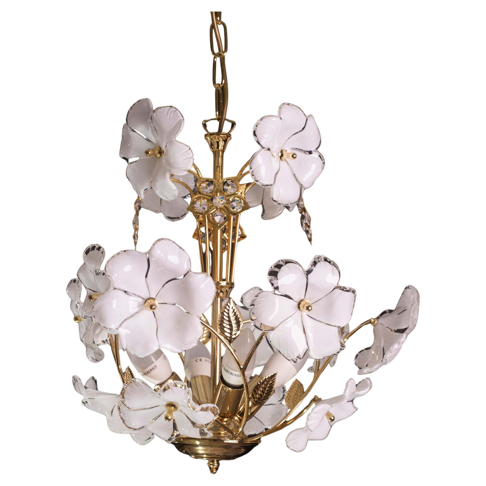 Charming Murano And Crystal Glass Vintage Chandelier White Flowers, 1970s