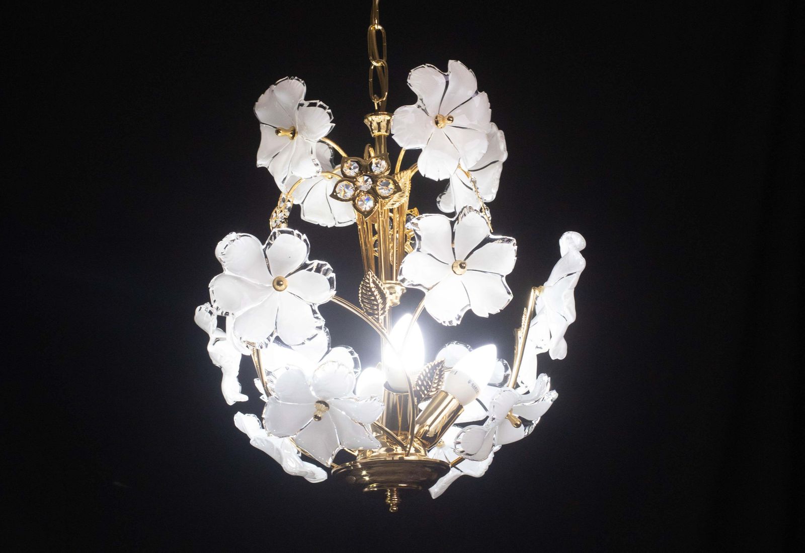 Charming Murano And Crystal Glass Vintage Chandelier White Flowers, 1970s photo furniture