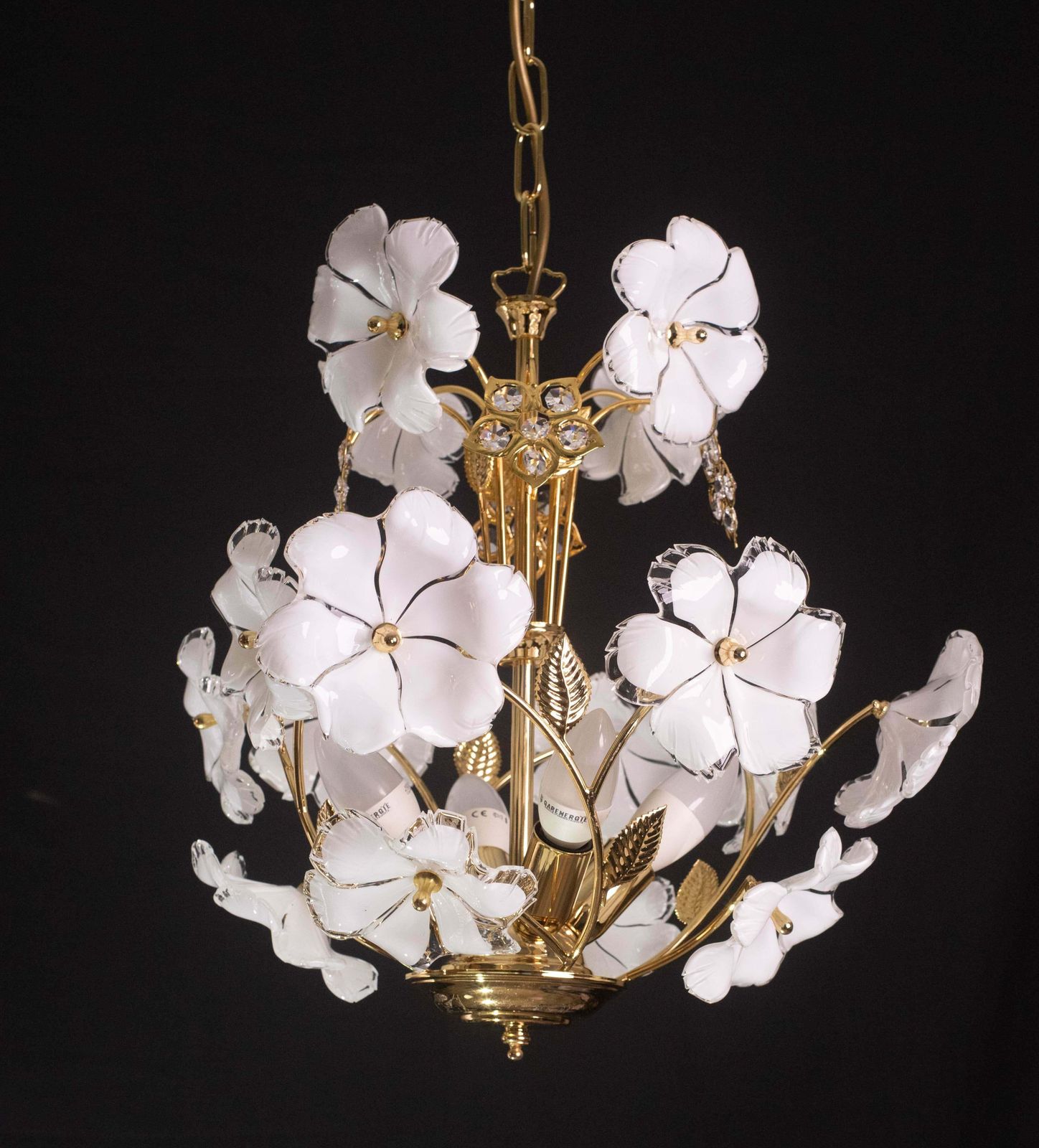 Charming Murano And Crystal Glass Vintage Chandelier White Flowers, 1970s photo vintage
