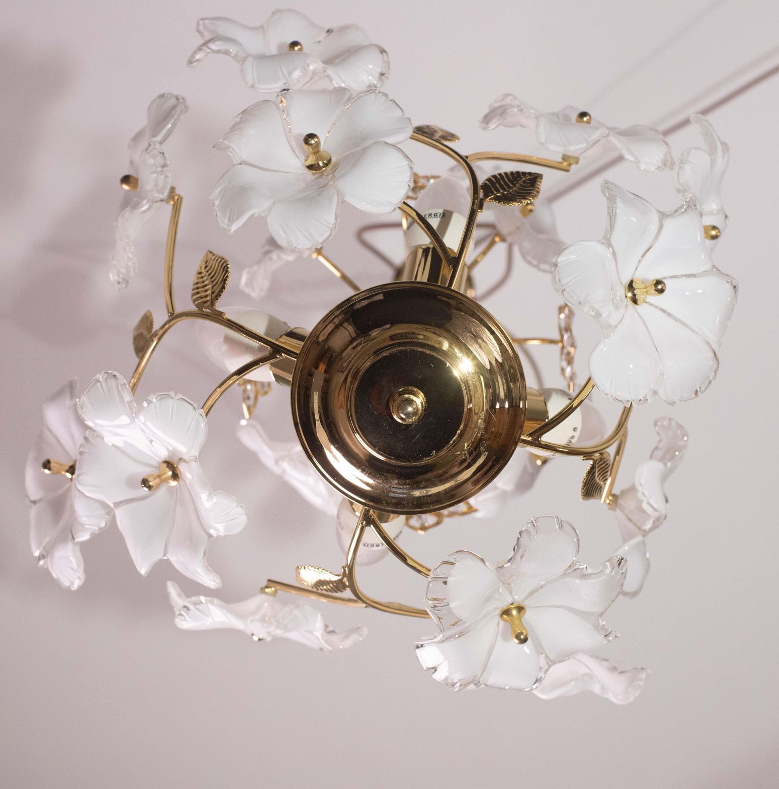 photo for sale Charming Murano And Crystal Glass Vintage Chandelier White Flowers, 1970s