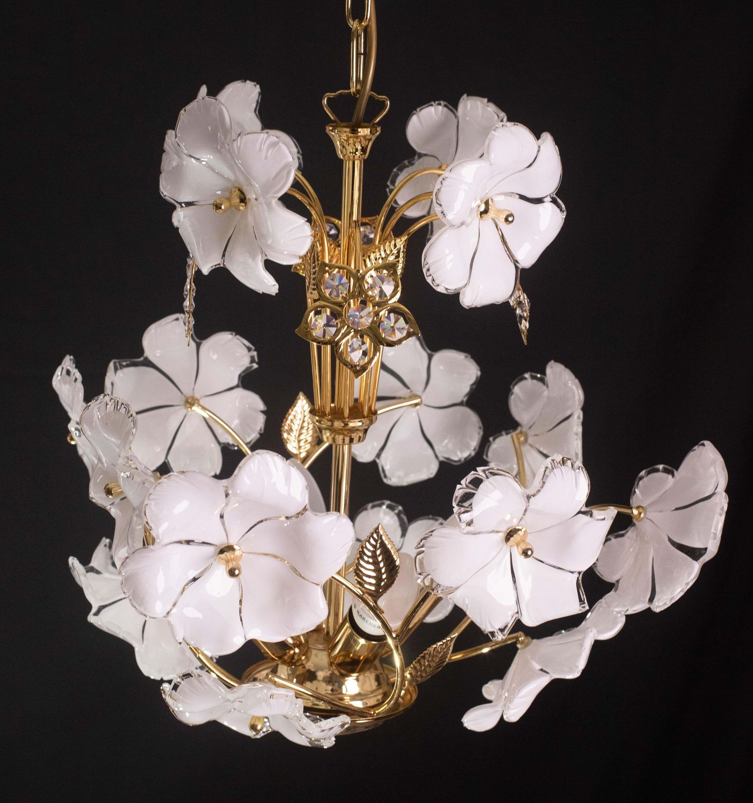 Lighting Charming Murano And Crystal Glass Vintage Chandelier White Flowers, 1970s photo