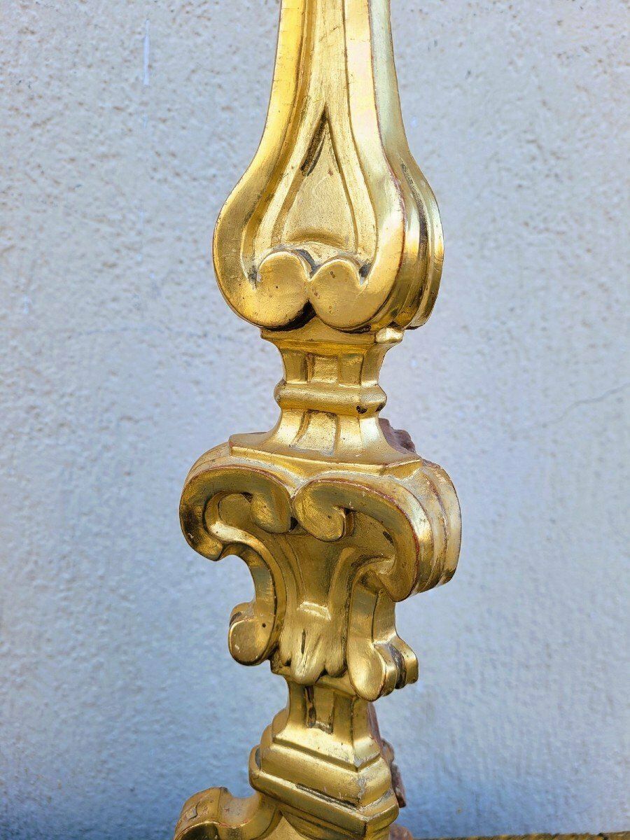 Set Of 3 Gilded Wood Candlesticks, 19th Century photo for sale