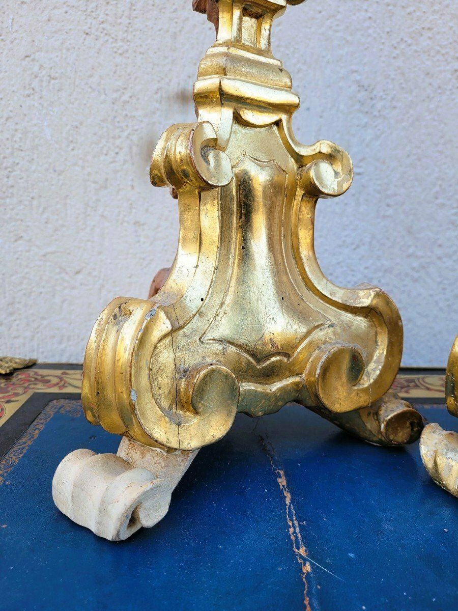 Set Of 3 Gilded Wood Candlesticks, 19th Century photo vinterior