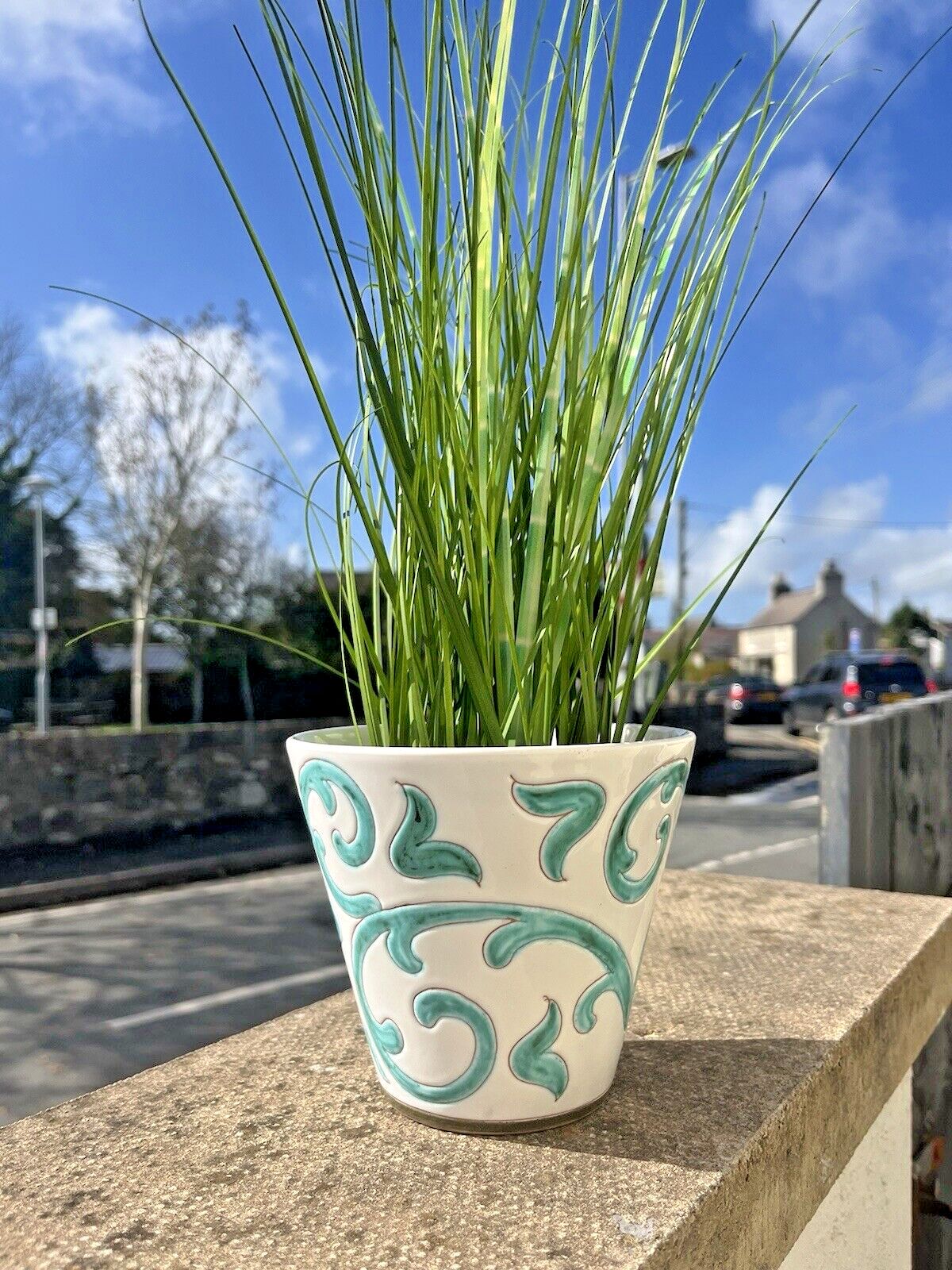 Mid Century 60's 70's Italian Pottery White Turquoise Abstract Leaf Plant Pot photo furniture