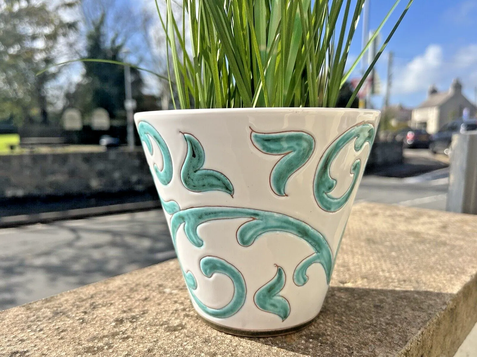 Mid Century 60's 70's Italian Pottery White Turquoise Abstract Leaf Plant Pot photo for sale