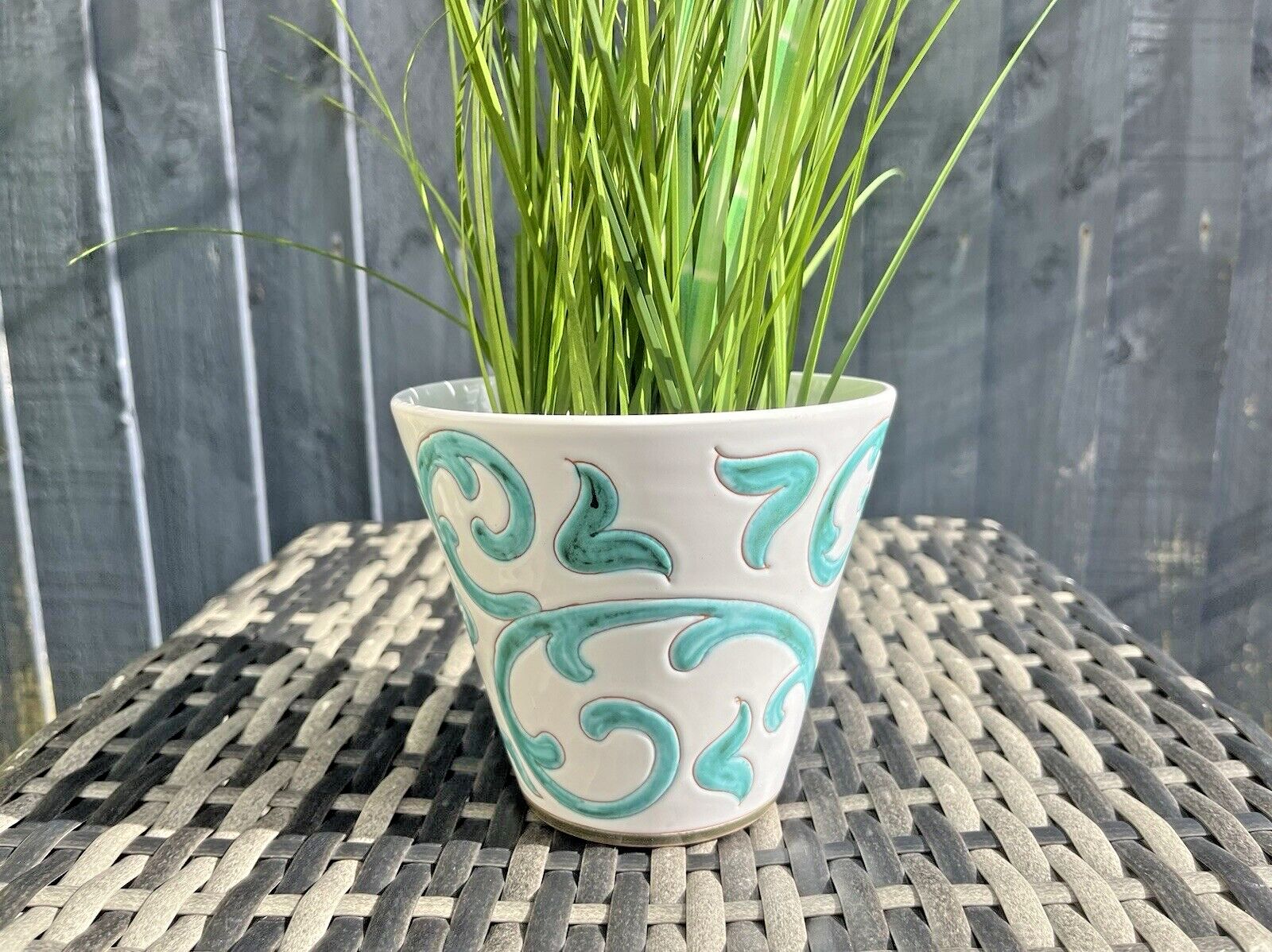 Mid Century 60's 70's Italian Pottery White Turquoise Abstract Leaf Plant Pot photo Home Decor