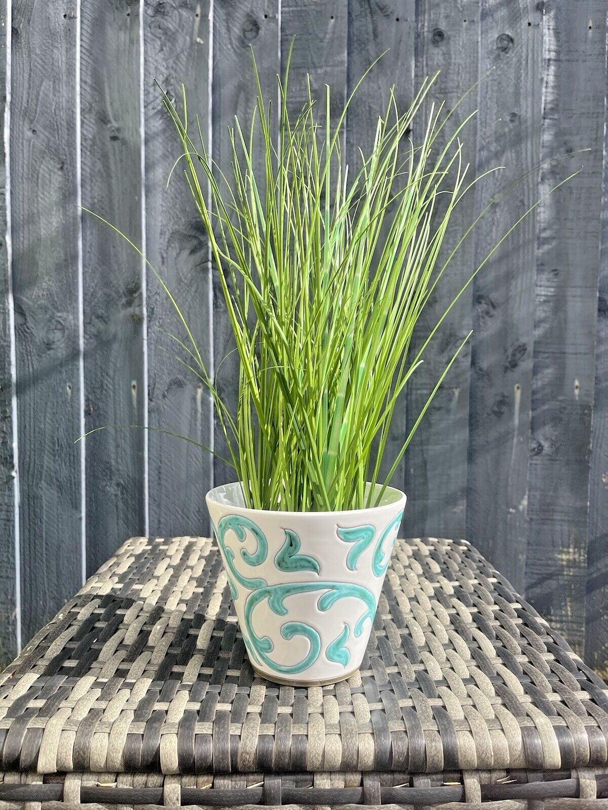 Mid Century 60's 70's Italian Pottery White Turquoise Abstract Leaf Plant Pot photo 55.0