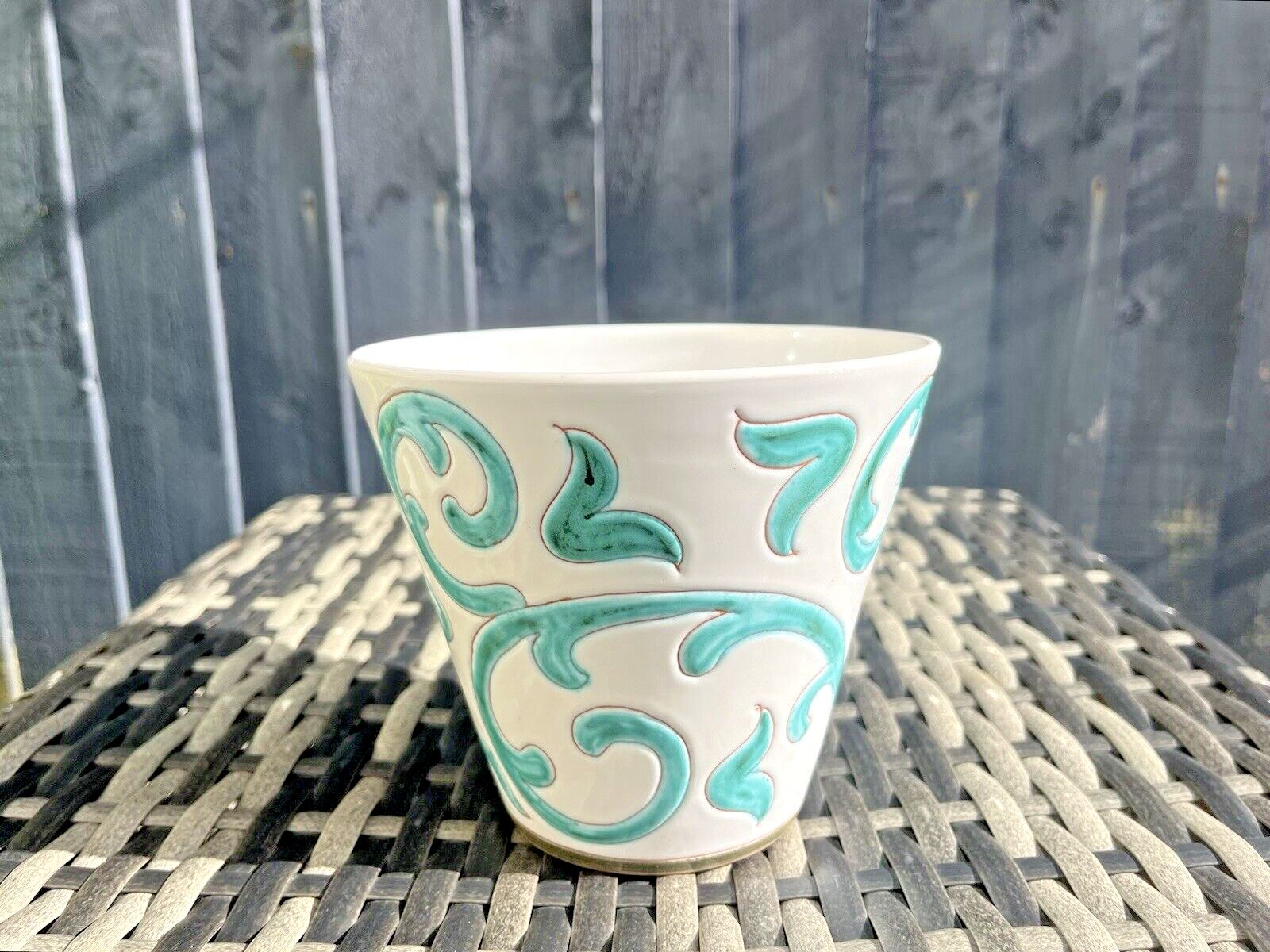 Mid Century 60's 70's Italian Pottery White Turquoise Abstract Leaf Plant Pot photo vinterior
