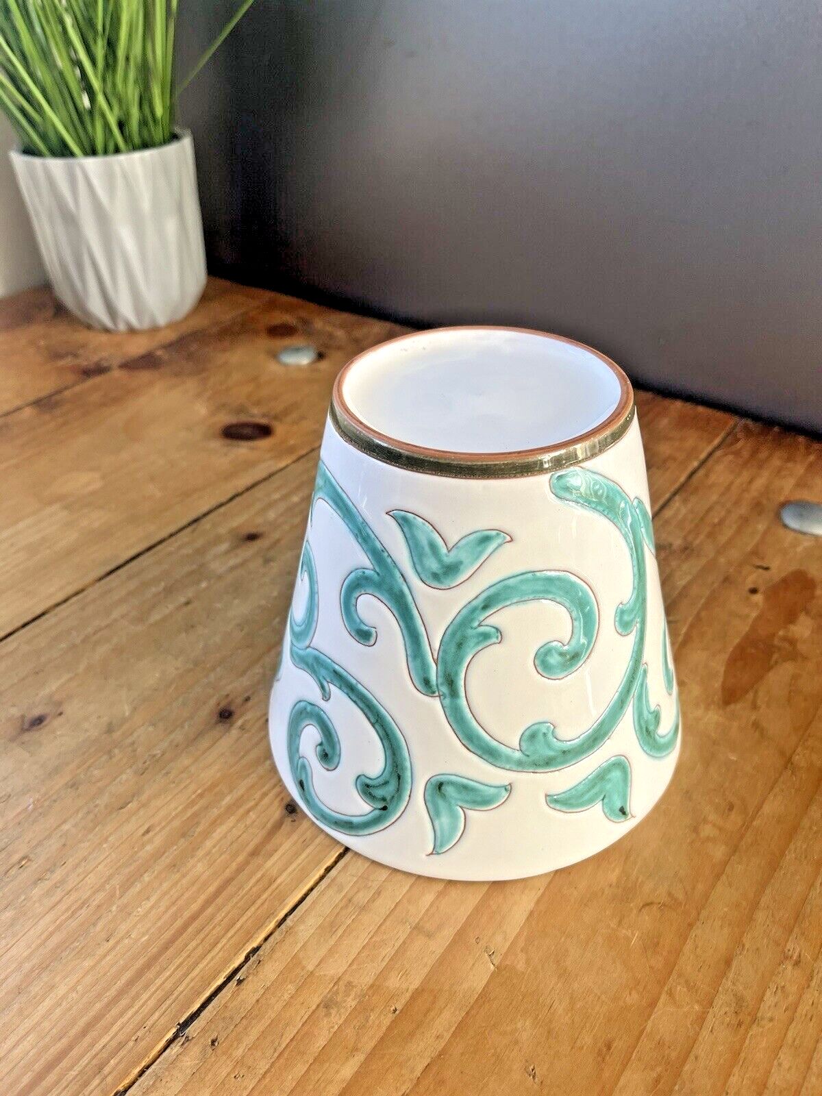 photo vinterior Mid Century 60's 70's Italian Pottery White Turquoise Abstract Leaf Plant Pot