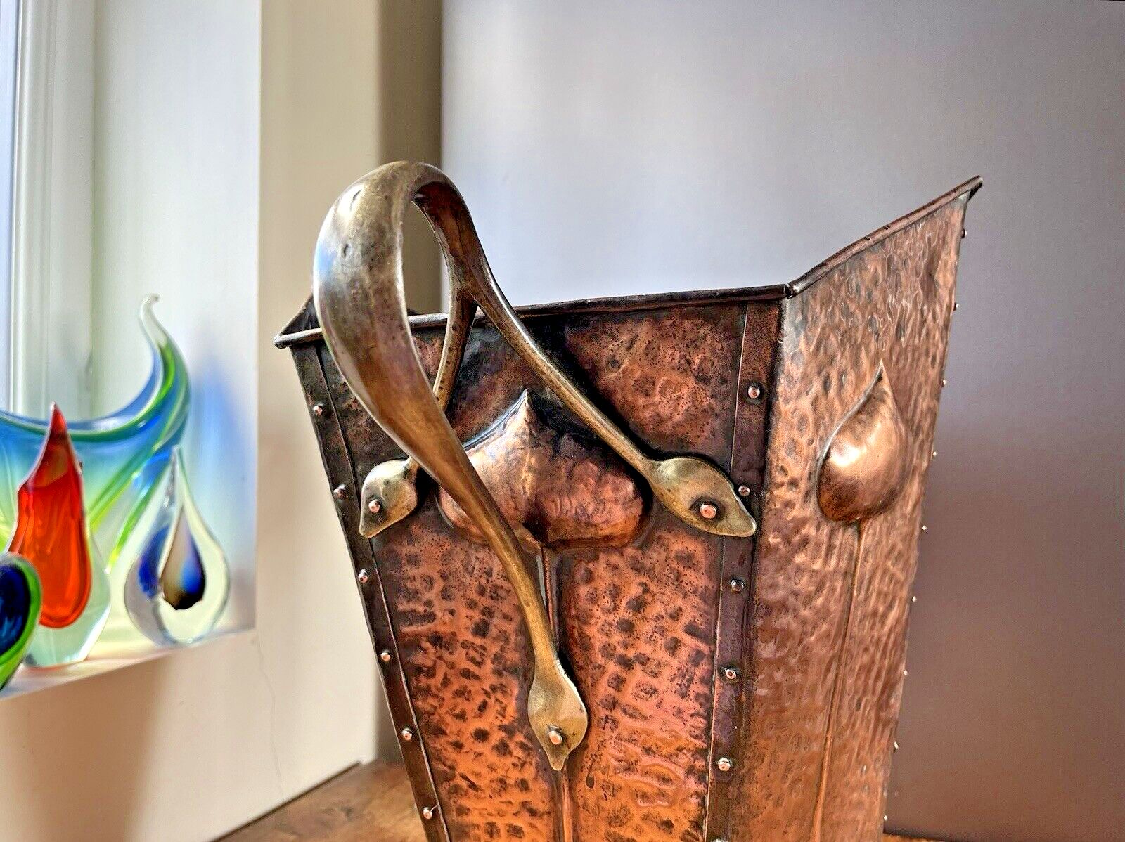 Antique Art Nouveau Beaten Copper Brass Riveted Coal Box Scuttle Log Bucket Bin photo for sale