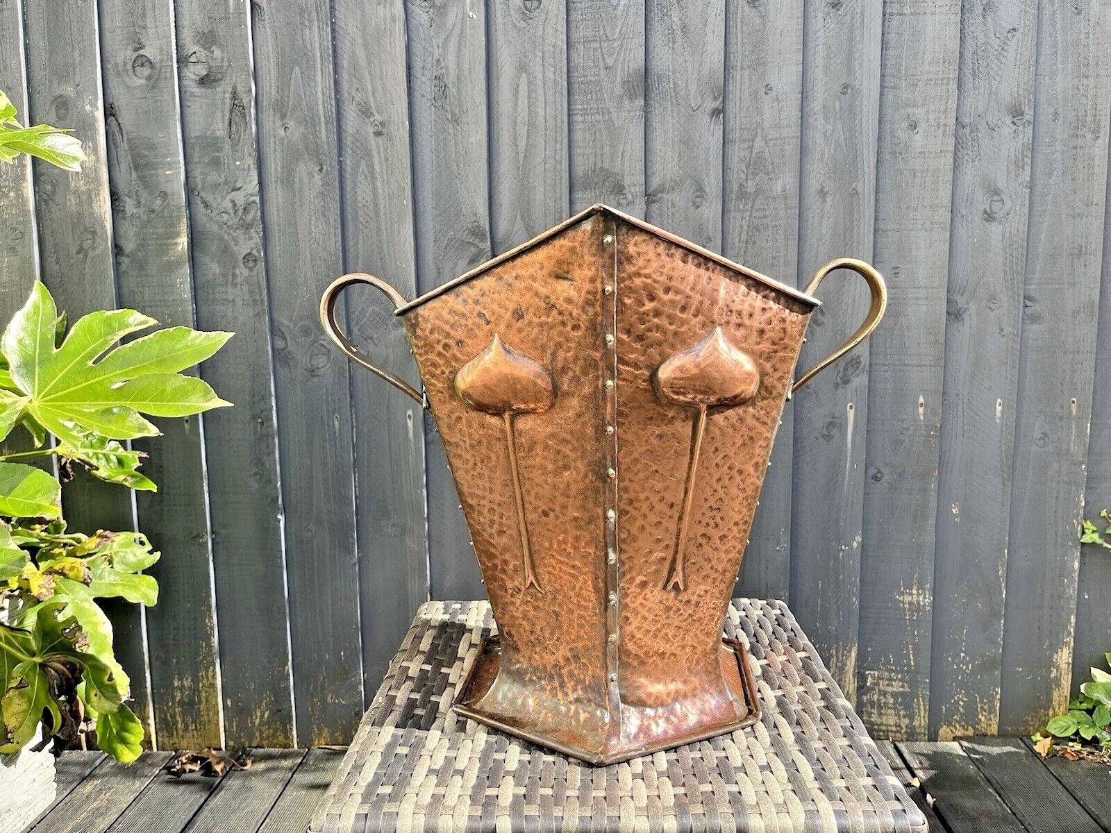 photo buy Antique Art Nouveau Beaten Copper Brass Riveted Coal Box Scuttle Log Bucket Bin