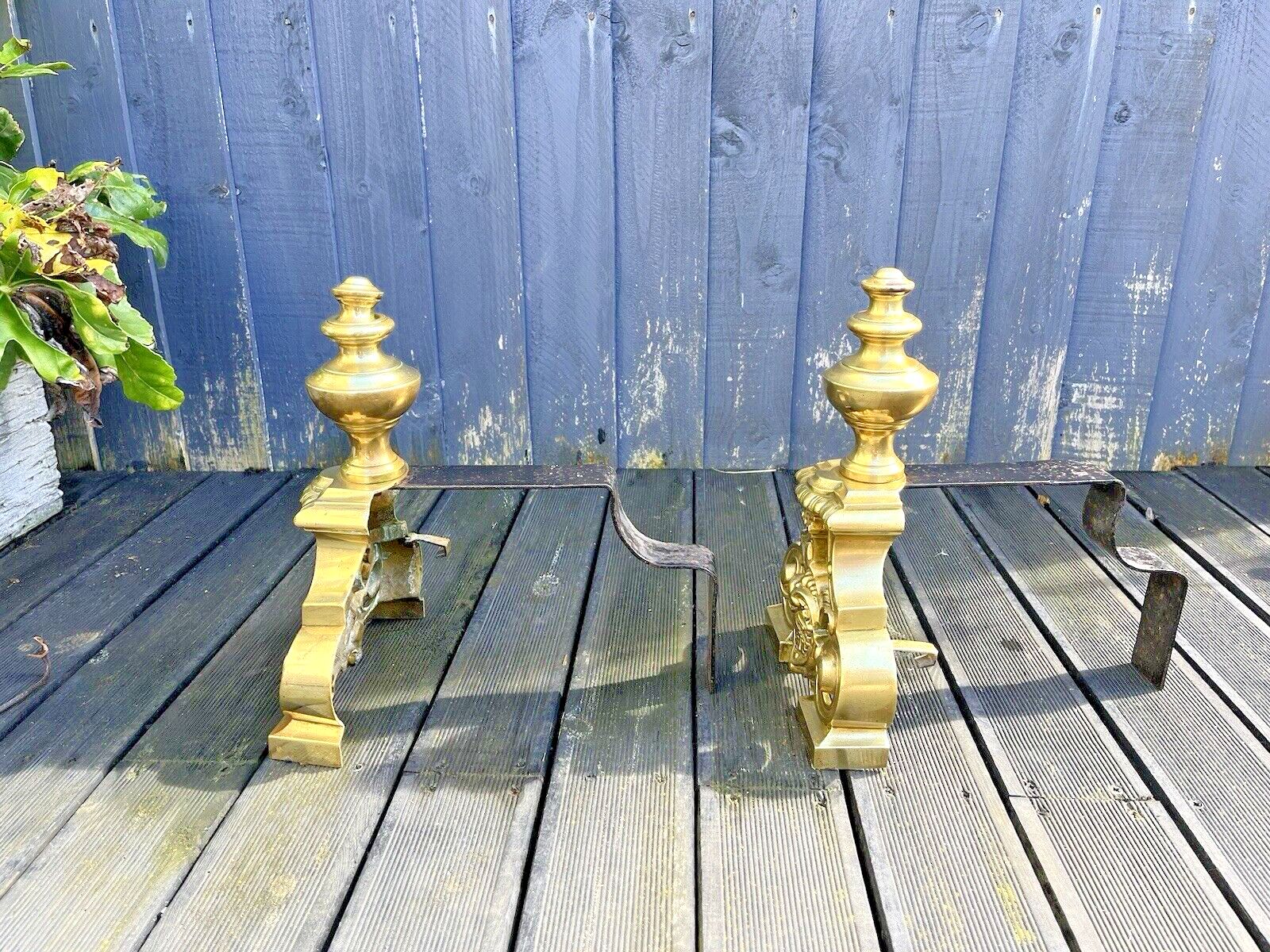Pair Of Grand Antique Brass Rococo Country House Fireside Fire Dogs Andirons photo vinterior