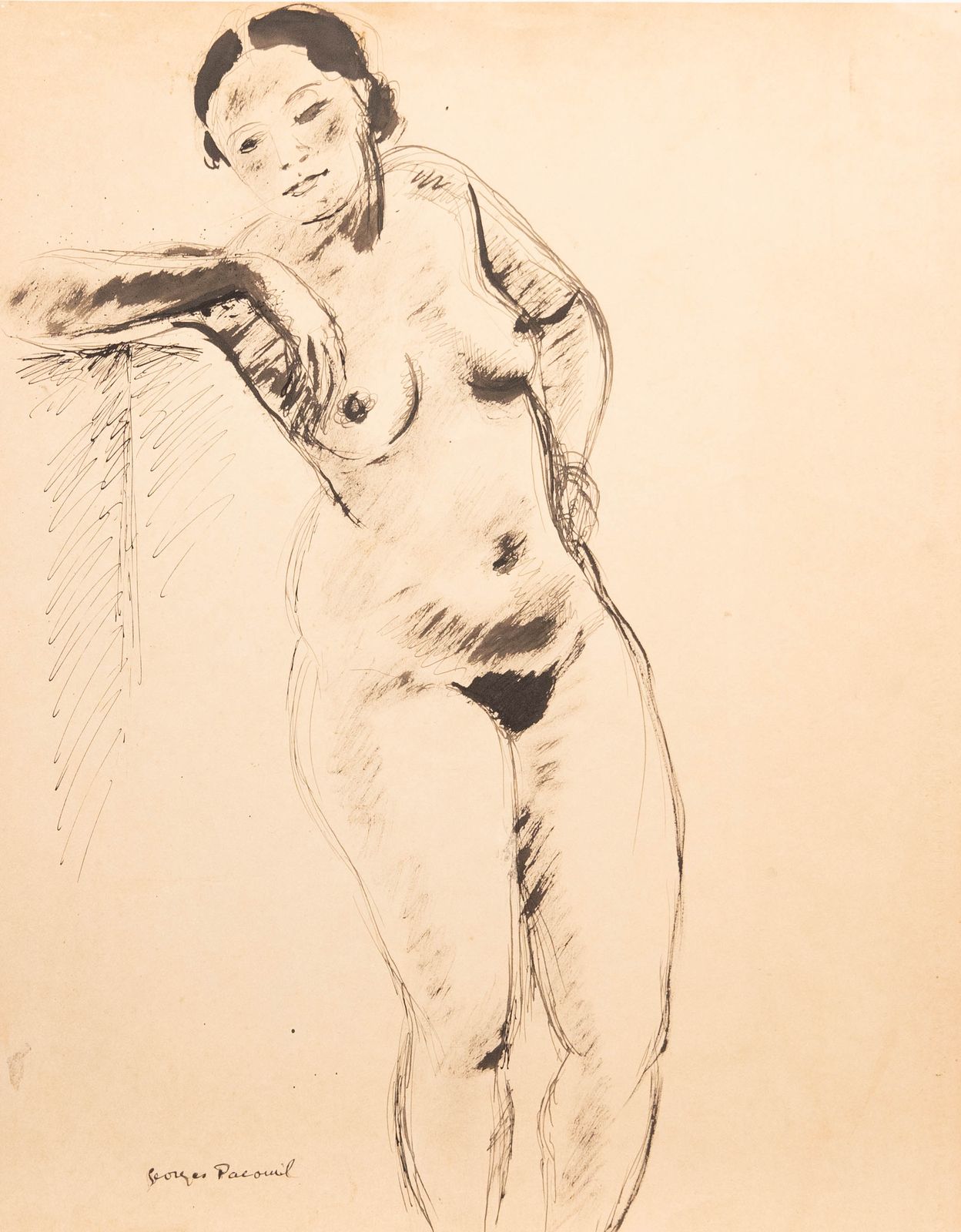 Georges Pacouil (1903 1996) Mid 20th Century India Ink, Reaching Nude