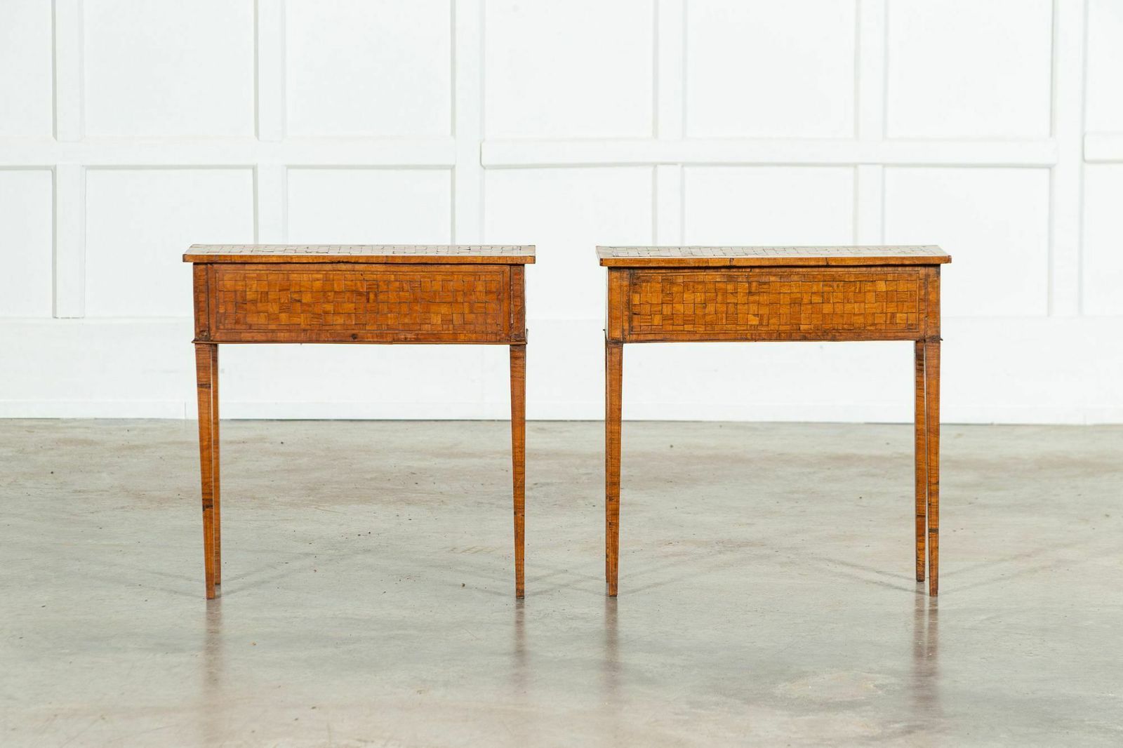 photo furniture Pair Italian Oak Parquetry Inlaid Four Drawer Side Tables