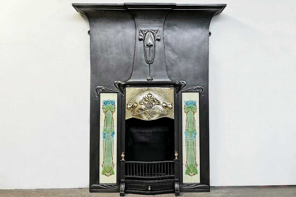 Large Tall Reclaimed Art Nouveau Edwardian Cast Iron Combination Grate