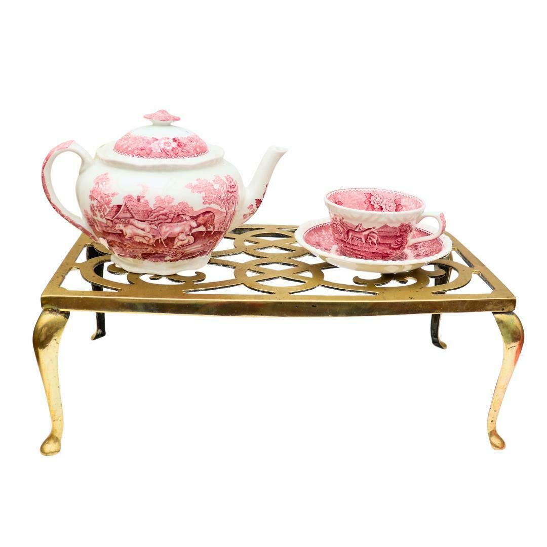 Large 16'' Antique Brass Fireplace Trivet, Victorian Brass Foot Stool, English Brass Plant Stand