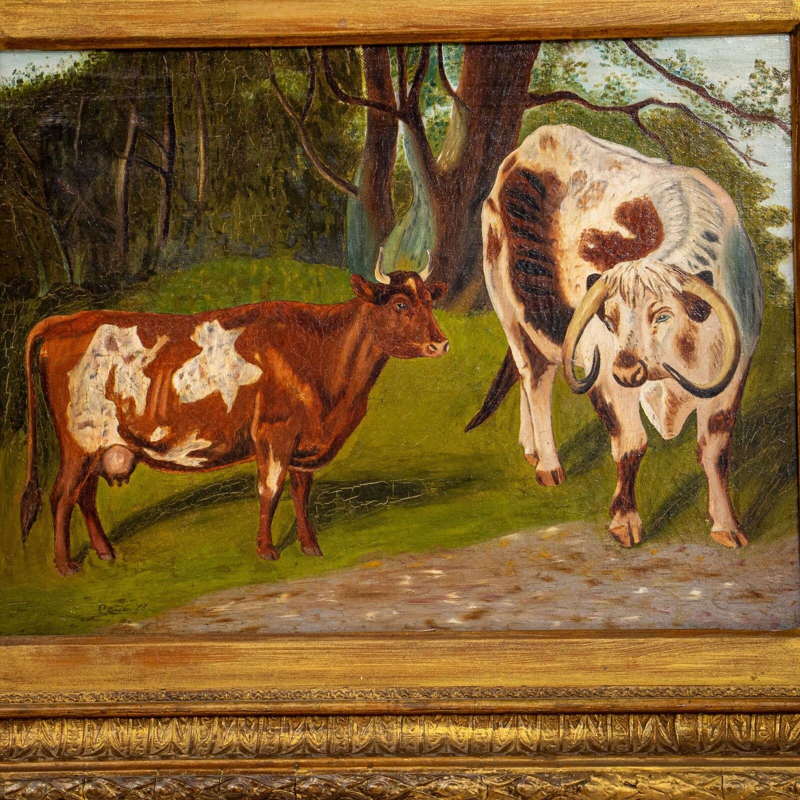 19th Century Oil On Canvas Painting Of Cattle photo furniture