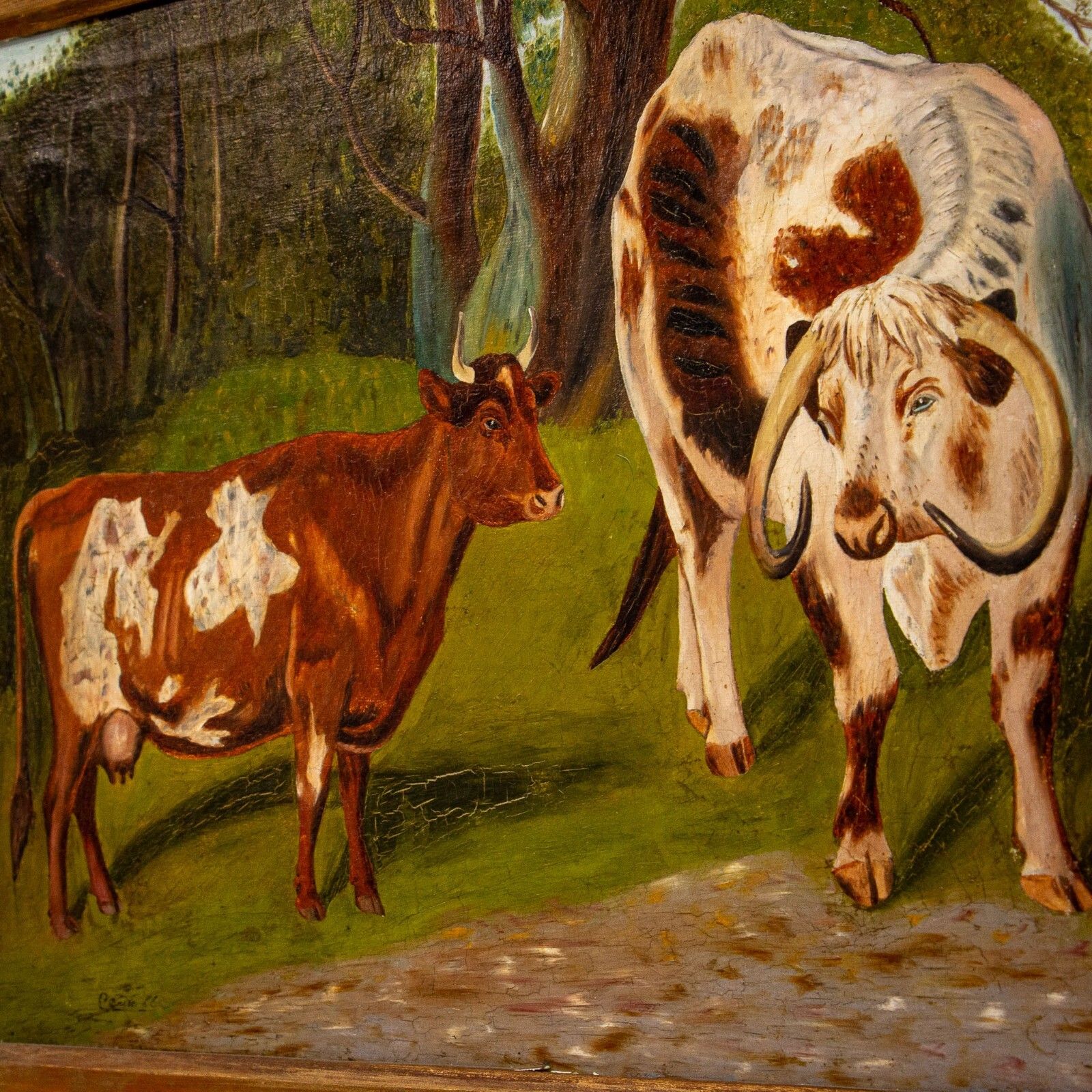 19th Century Oil On Canvas Painting Of Cattle photo vintage