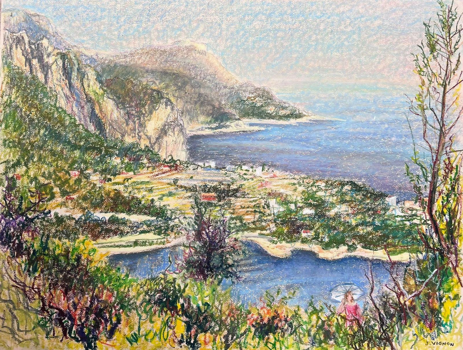 Josine Vignonlarge 1970's French Impressionist Pastel Figure In Côte D'azur Nice Landscape1977 photo buy