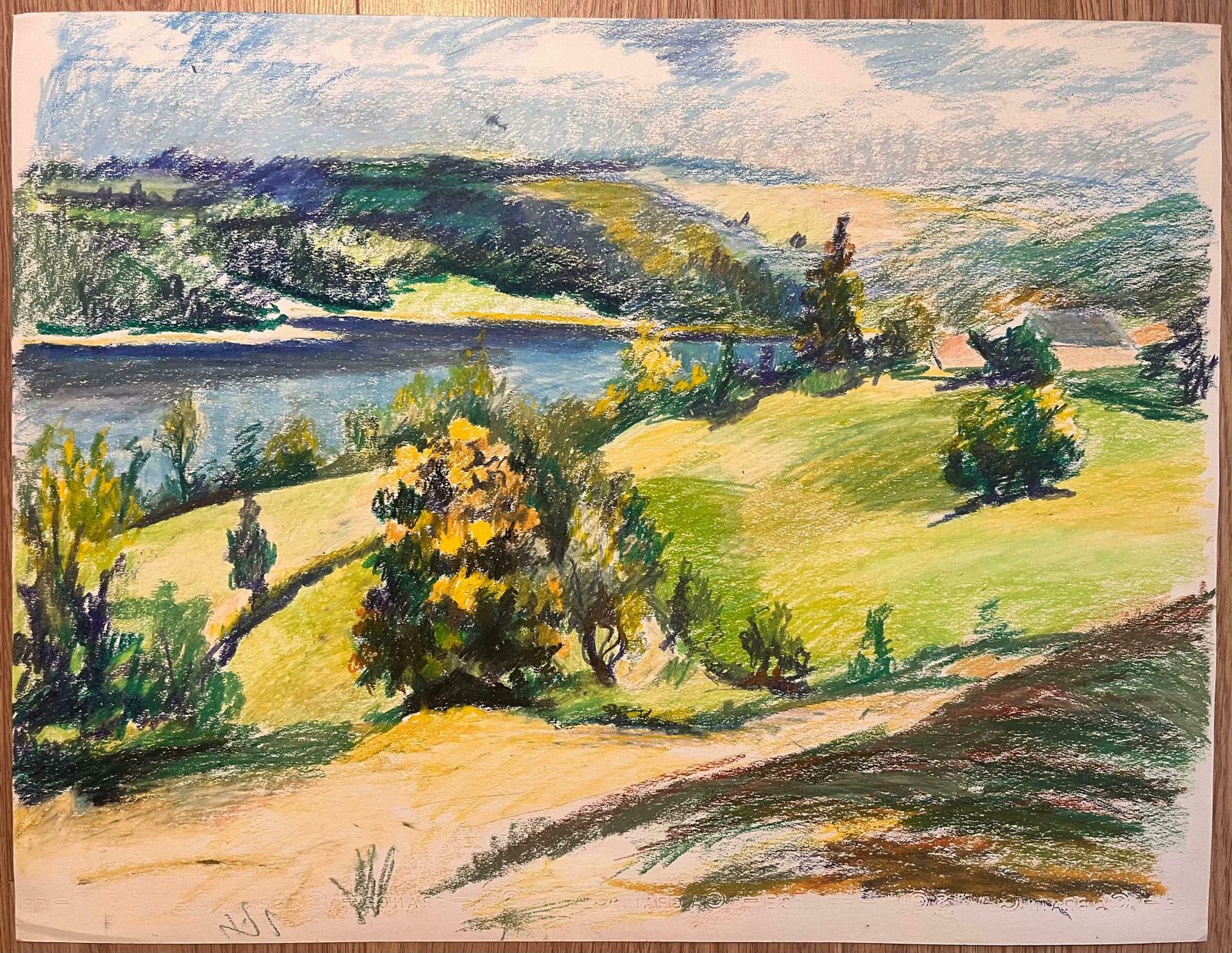 Josine Vignonmid Century French Original Pastel Drawing Of River Landscape And Rolling Hills1950's photo furniture