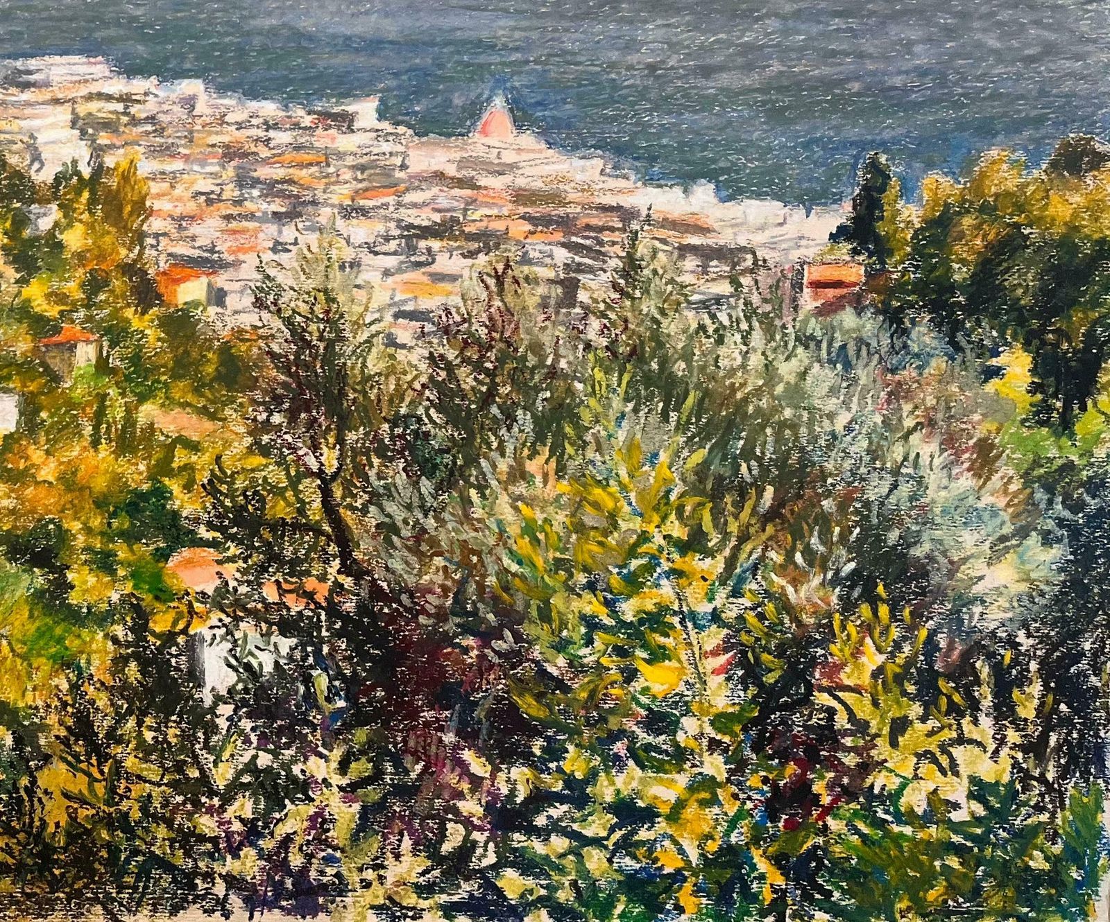 Josine Vignonmid Century French Pastel Drawing Of Sunlit Coastal Town And Calm Blue Sea1950's photo 865.0