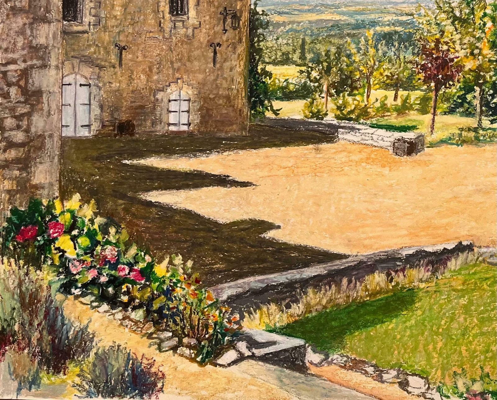 Josine Vignonmid Century French Original Pastel Drawing Of Stone House With Courtyard1950's photo vinterior