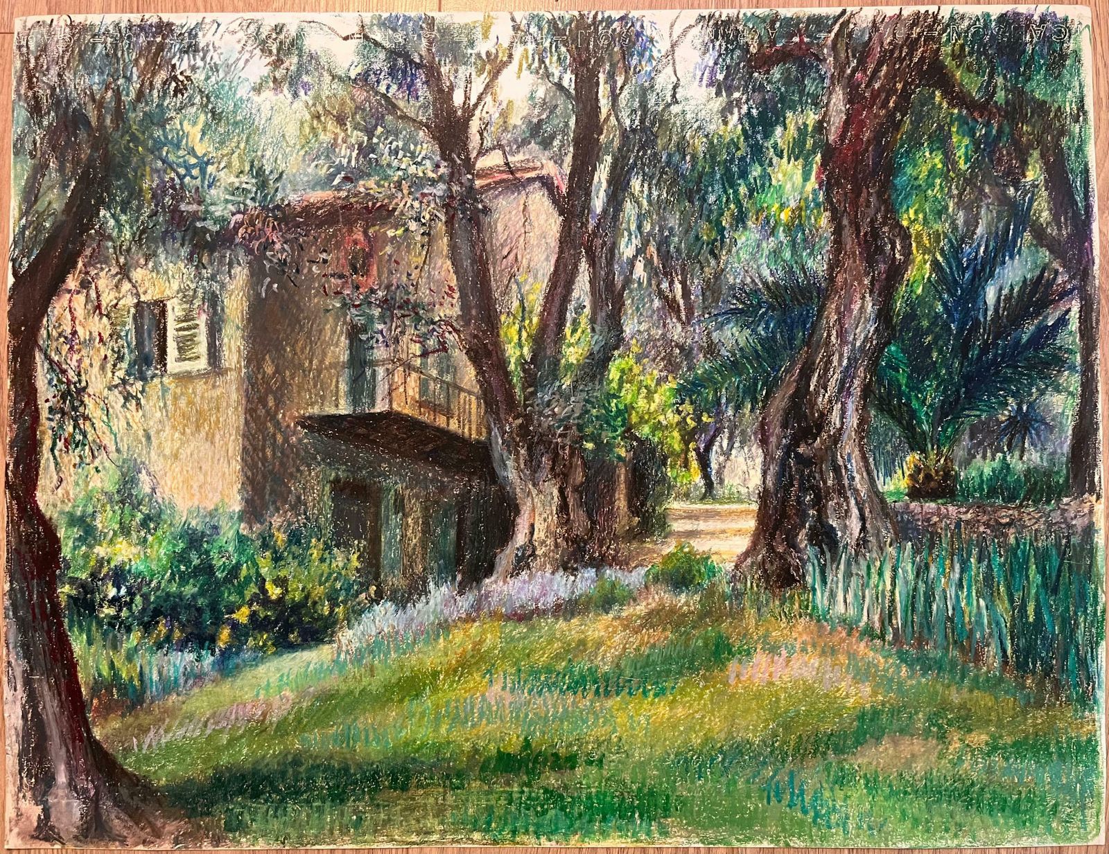 Josine Vignonmid Century French Original Pastel Drawing Of Rustic House And Garden1950's photo furniture