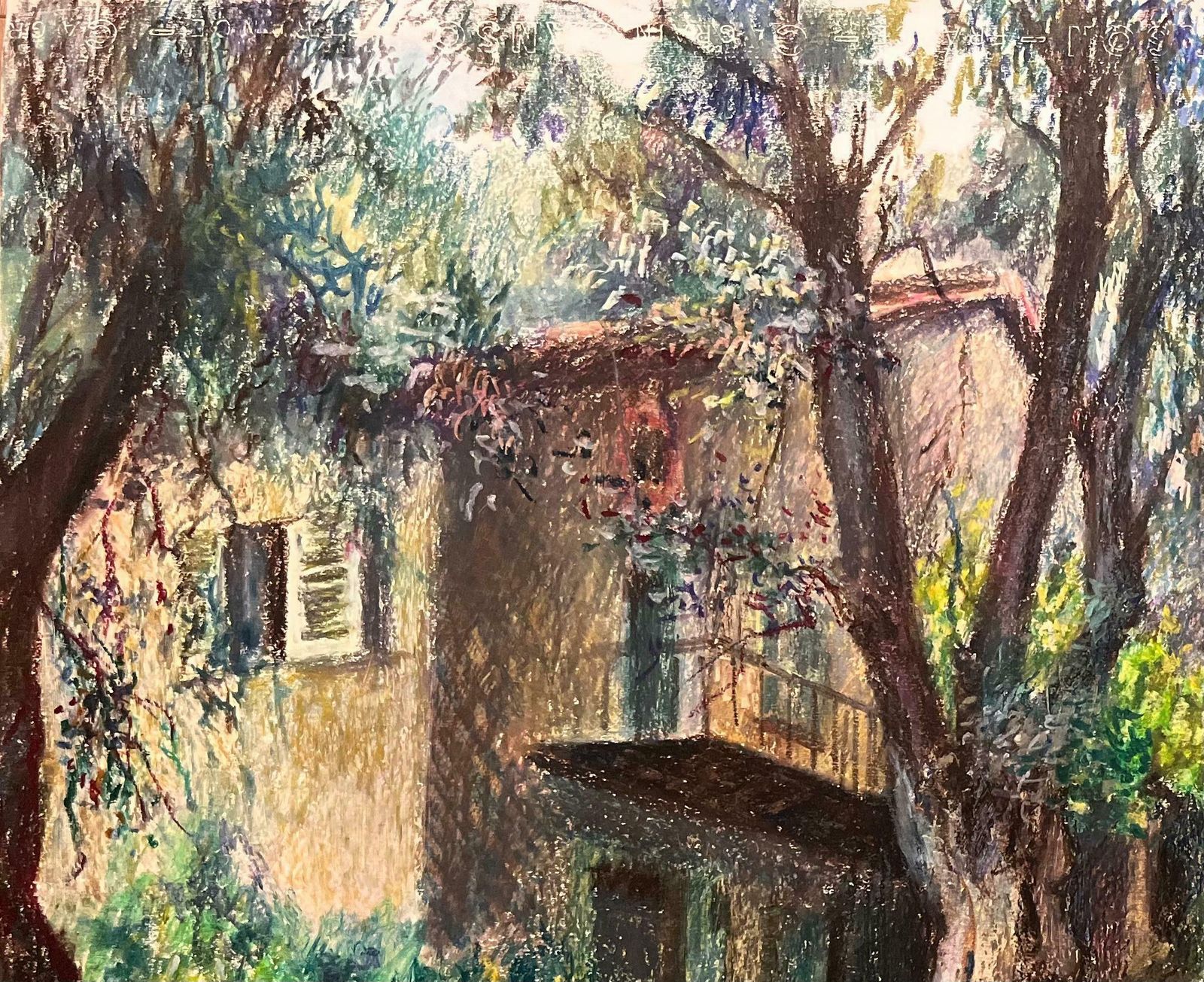 Josine Vignonmid Century French Original Pastel Drawing Of Rustic House And Garden1950's photo for sale