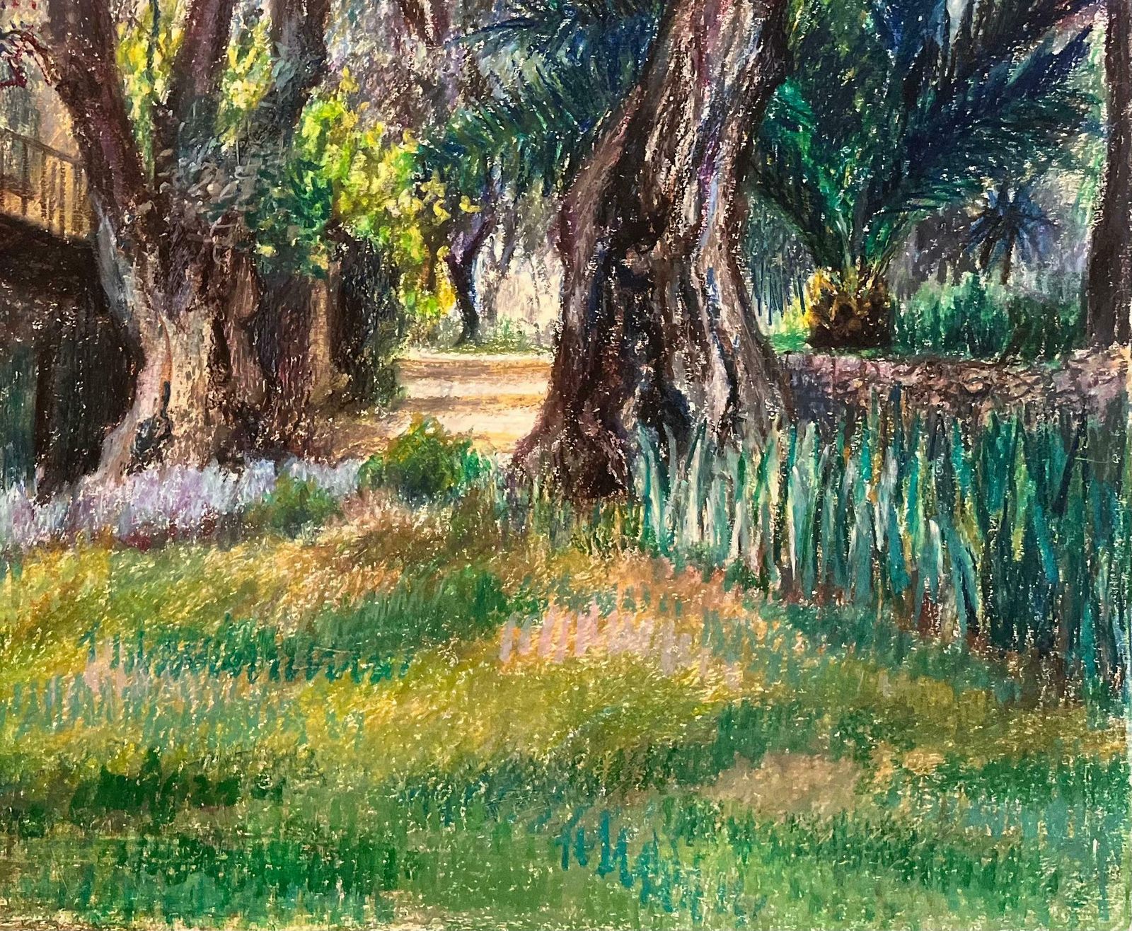 Josine Vignon, dessin au pastel mid-century, maison rustique et jardin, France, années 1950 photo 865.0